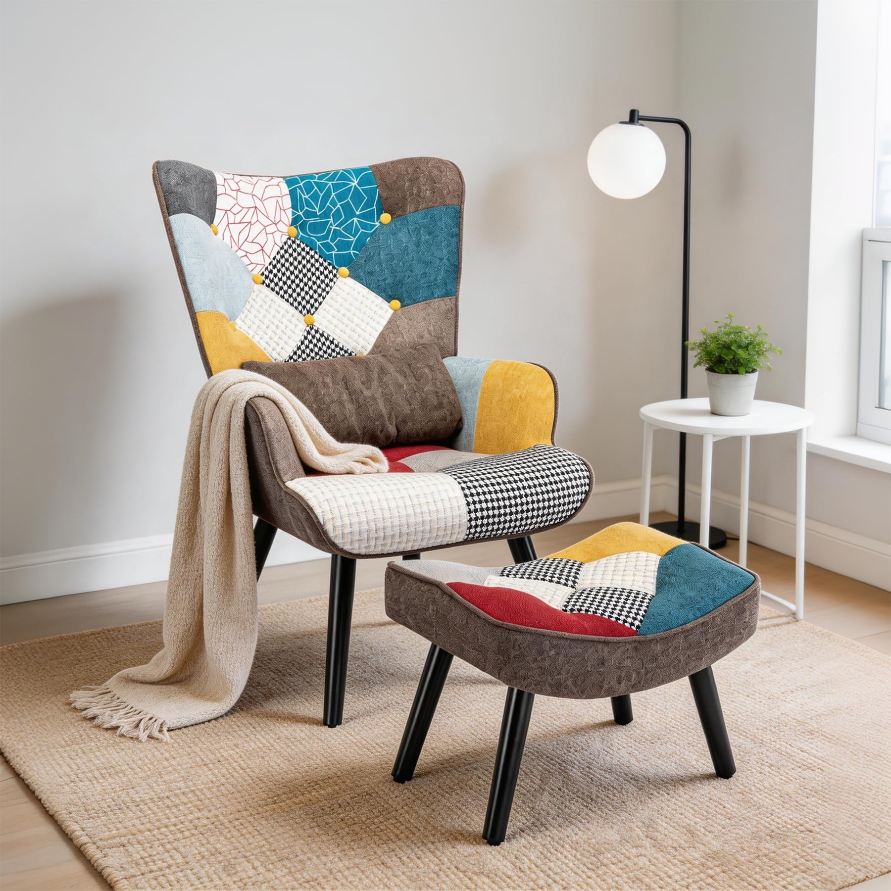 Sillón Orejero Patchwork con Reposapiés y Cojín Lumbar, Marrón | Patas de Madera Maciza, Tela de Lino y Diseño Ergonómico, Butaca de Lectura para Salón y Dormitorio, Soporta hasta 150 kg