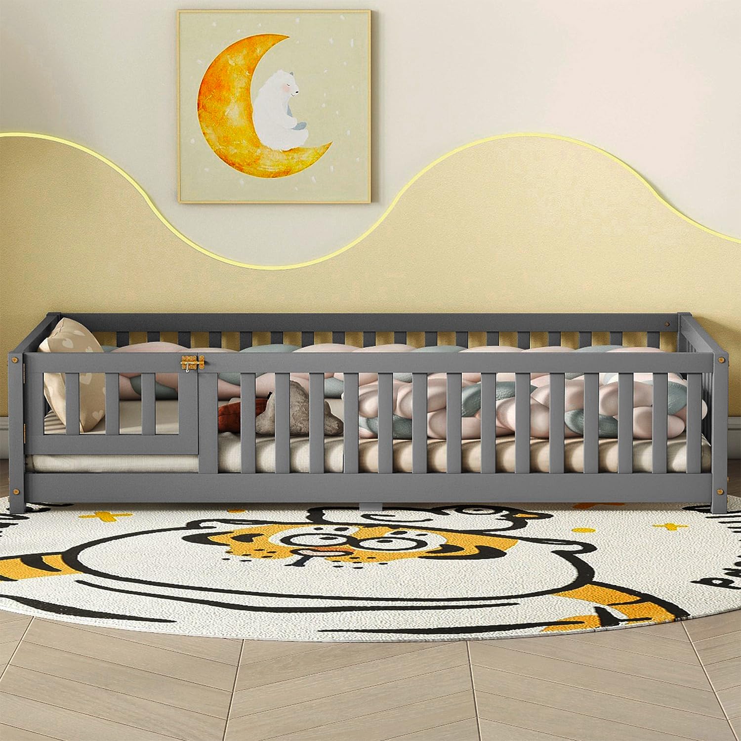 Gustonhon Twin Size Montessori Floor Bed Frame, with Removable Door Wood Kids Platform Bed for Girls, Boys, Child Bedroom, Entertainment Playroom No