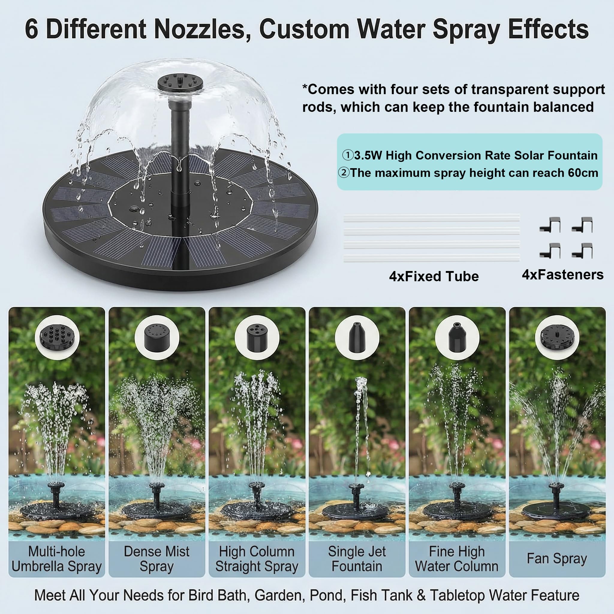 Fuente solar con 3,5 W, 2026, bomba de agua solar para estanque, funciona en días turbios, bomba de fuente flotante solar con 6 boquillas para jardín, baño de pájaros, peces (18 cm)