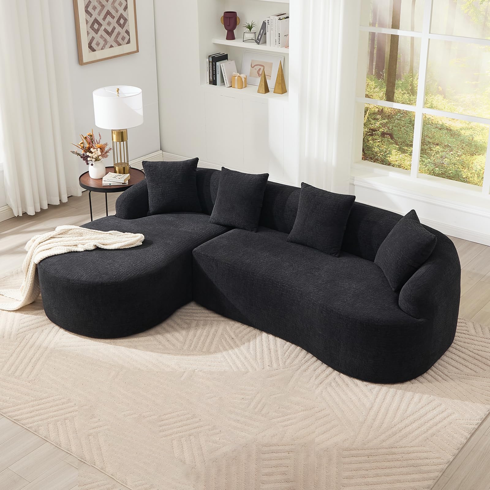 Sofá curvo modular de 243 cm, en forma de L, chenilla, color negro