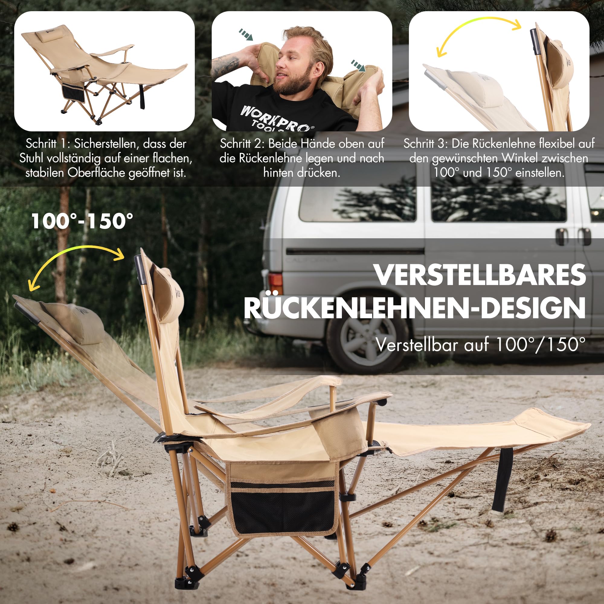 VILLEY Campingstuhl Faltbar mit Fußstütze, Liegestuhl Faltbar mit Kopfstütze & Aufbewahrungstasche, Relaxsessel Belastbar bis 150 kg, Klappbarer Campingstuhl für Camping, Strand, Garten, Angeln