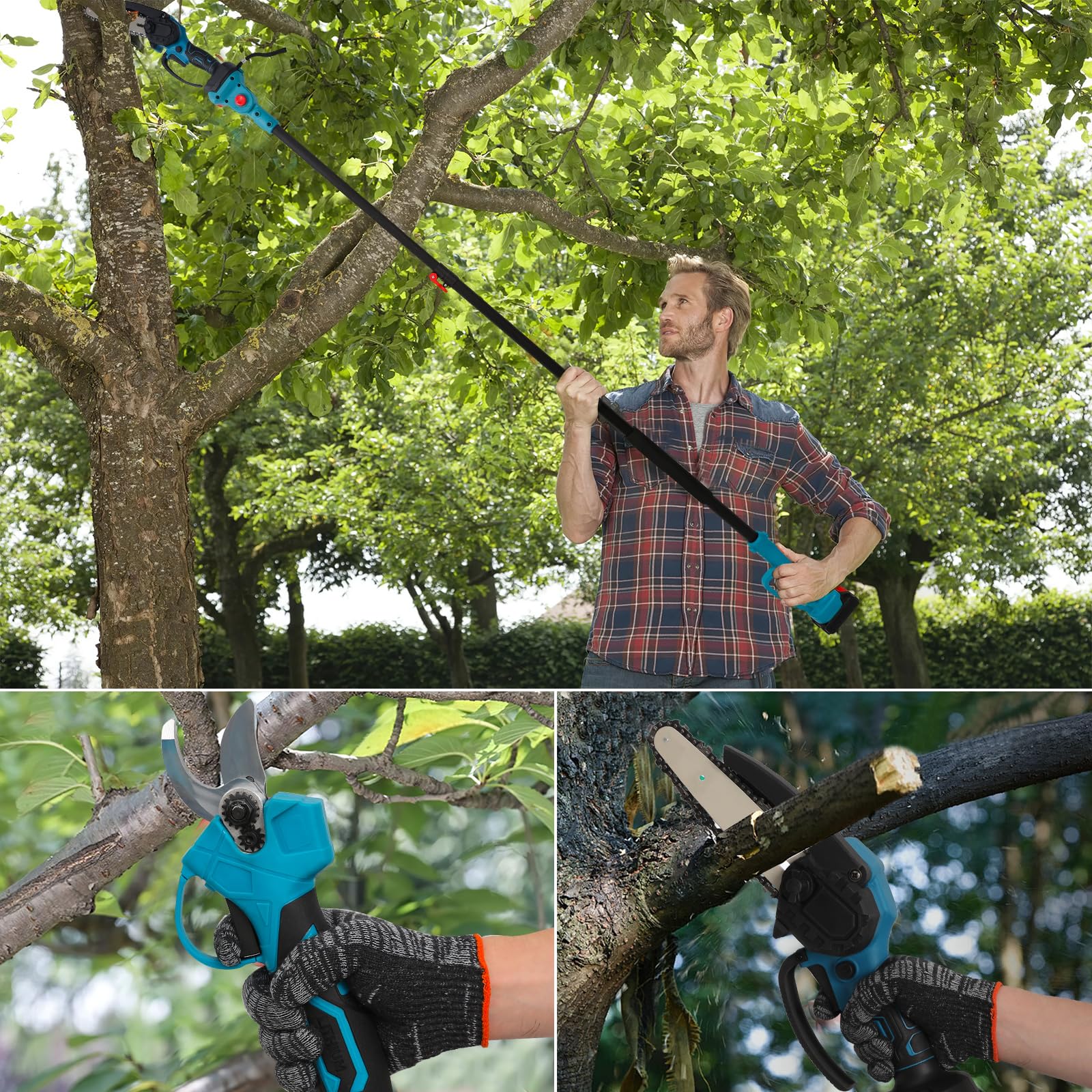 Motosierra Eléctrica-Tijeras de Podar Electricas, 4 en 1 Kit de Herramientas de Jardín,Sierra de Podar Telescópica,Longitud 1-2m y ángulo 180° Ajustables Altura de Trabajo Hasta 4.5m