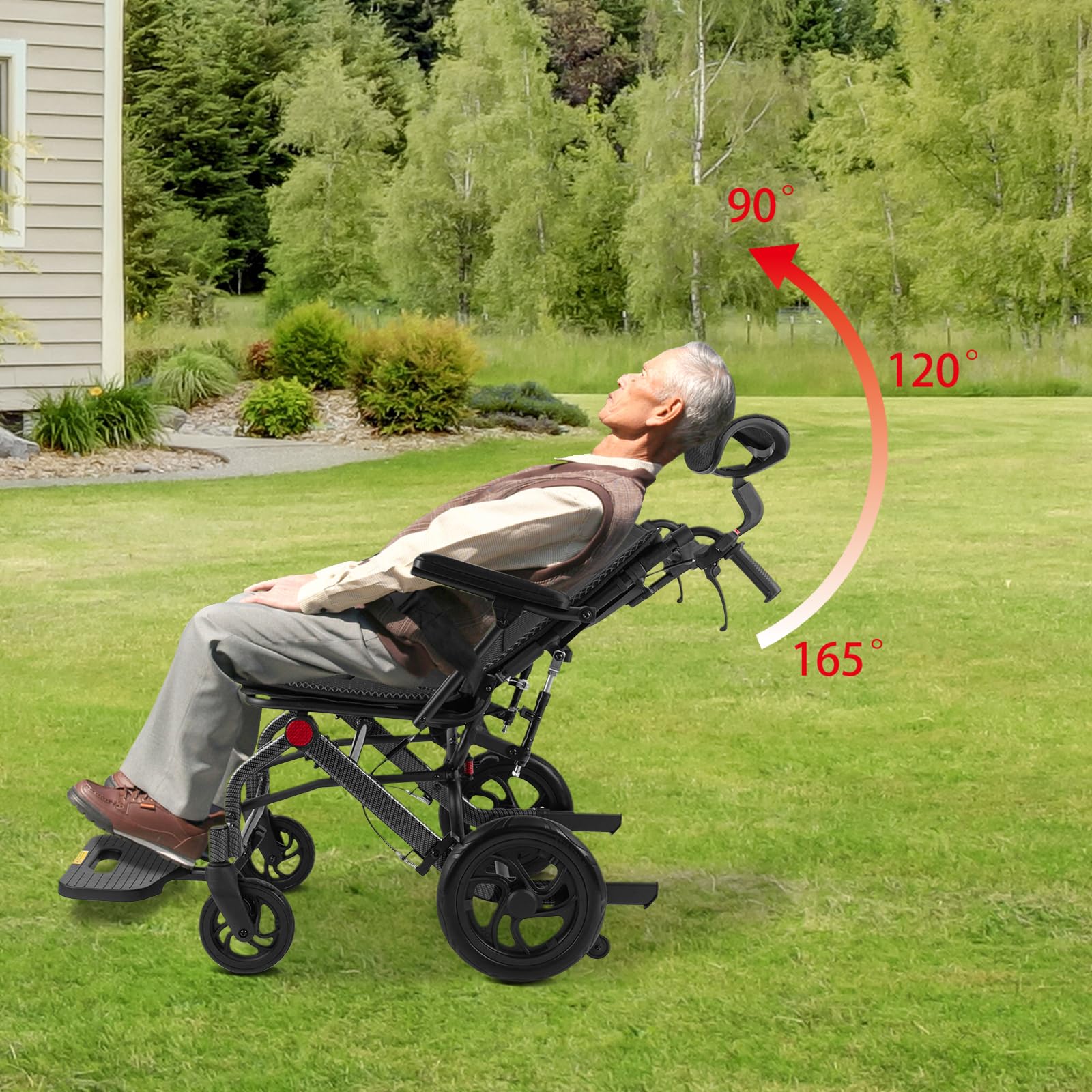 Silla de ruedas plegable ligera con reposo, silla de ruedas de tránsito, elevadores y ajustables, apoyabrazos desmontables - Cinturón de seguridad - Bomba de inflado