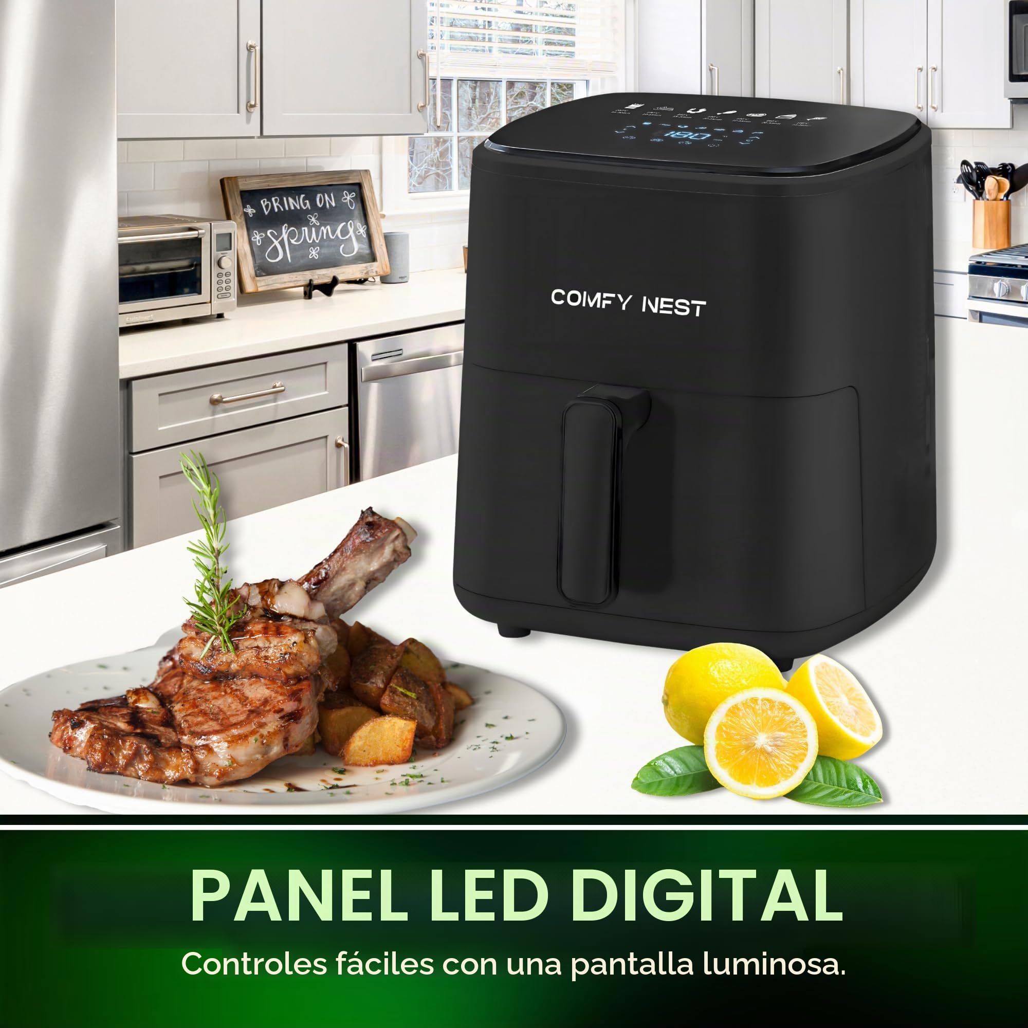 Comfy Nest, Freidora de Aire Caliente 5L con Pantalla Digital 1400W, Tecnología Rapid Air, 10 Programas Preestablecidos, Control de Temperatura 80-200°C, Negra, Cocina Sana y Cómoda, Freidora de Aire