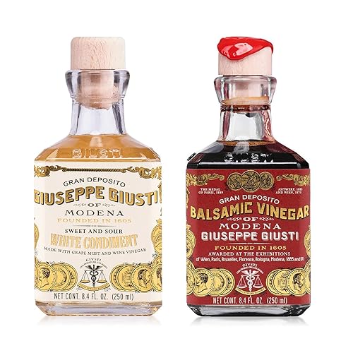 Giusti - Juego de vinagre italiano – Incluye aderezo de vinagre balsámico blanco Giusti y 3 medallas de oro Giusti Vinagre Balsámico de Módena IGP –