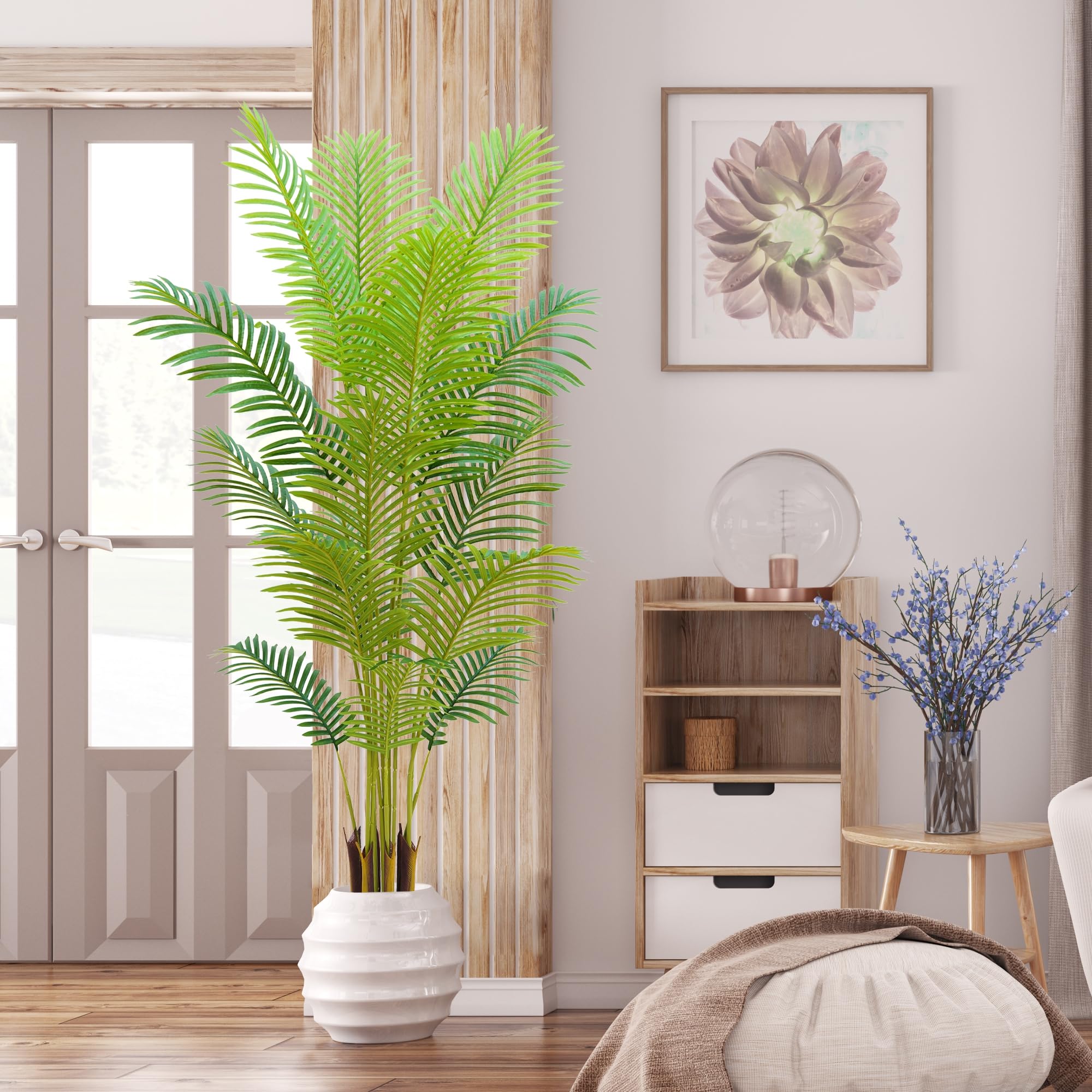 Palma artificiale da interno con vaso bianco, foglie realistiche, 15 tronchi regolabili, pianta di palma finta alta, ideale per soggiorno, camera da letto, ufficio, casa, decorazione estetica