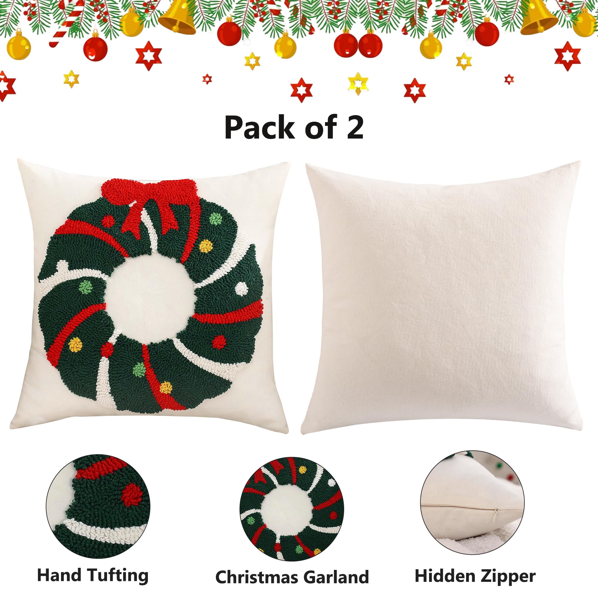 Tosleo Set di 2 federe natalizie con ghirlanda natalizia con fiocco, 45,7 x 45,7 cm, decorazioni natalizie a ciambella, in cotone, per divano, letto
