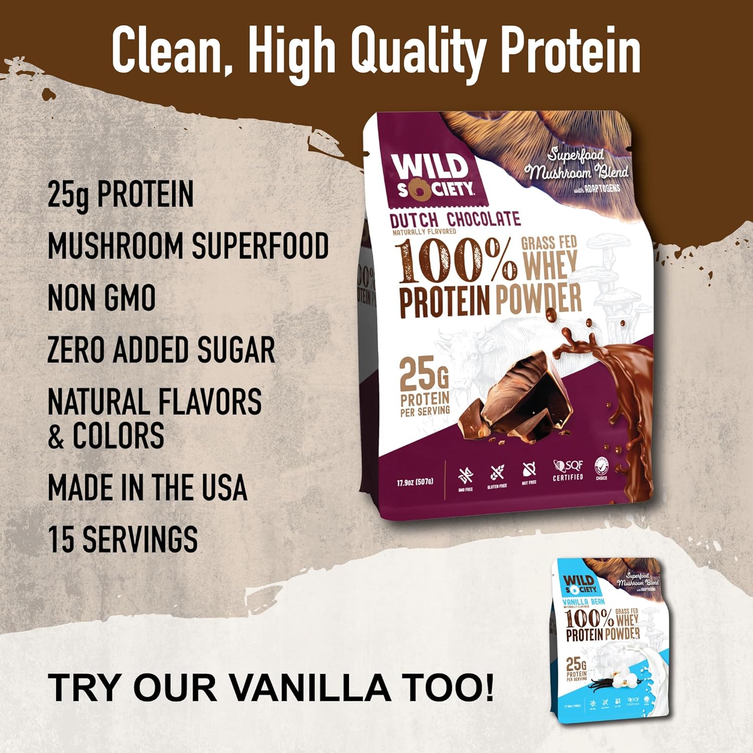 WILD SOCIETY - Top Flavor Mulitpack - 100% Grass Fed Whey Protein Powder + Superfood Mushrooms & Adaptogens - 25g Protein, Clean Protein Powder, 0 Added Sugar, Non GMO, Gluten Free -