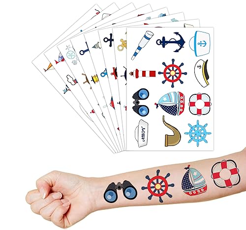 Miniatura 8 de 8 hojas (96 piezas) de tatuajes temporales náuticos temáticos de fiesta de cumpleaños, suministros de decoración de recuerdos para niños y niñas,