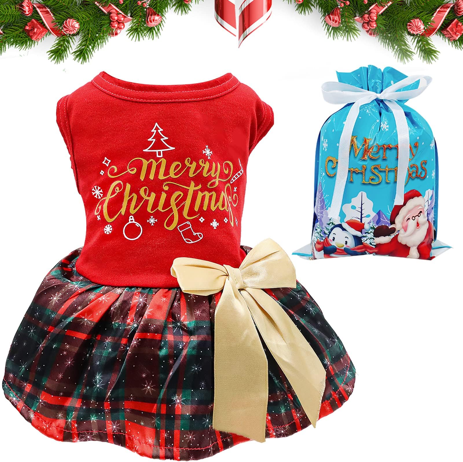 DK177 Dogs Dresses Lightweight Velvet Christmas Pet Clothes,Puppy Dress Doggie Party Girl One Piece with Bowknot Cat Apparel Holiday Puppy Cat Costume New Year Gift for Small Medium Dogs (Red)