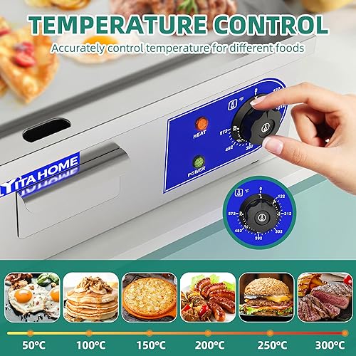 Miniatura 5 de YITAHOME Plancha eléctrica comercial de 14 pulgadas con mango de resorte, plancha comercial de 1500 W, parrilla Teppanyaki comercial antiadherente