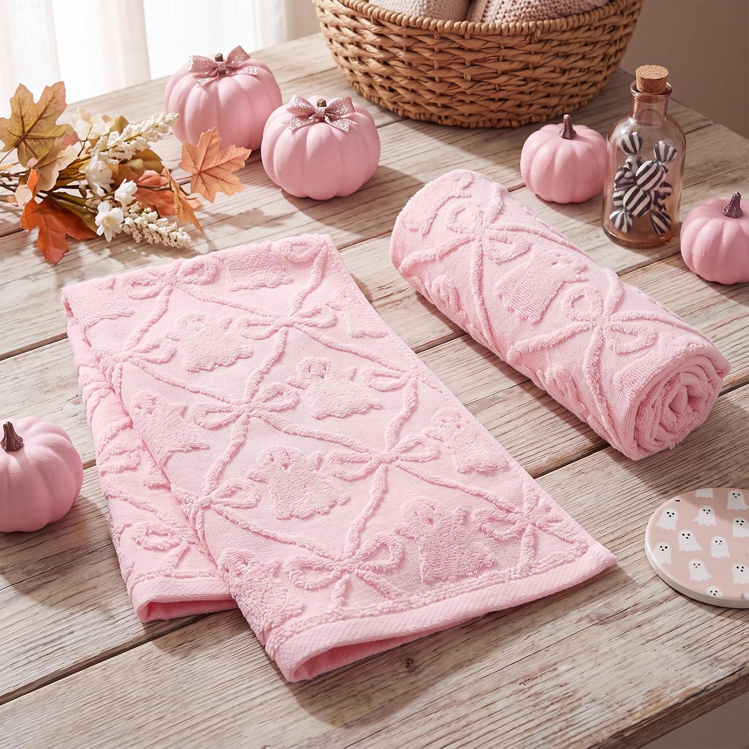 2 Pcs Pink Hand Towels for Halloween Bathroom Decoration, Ghost Bow Style