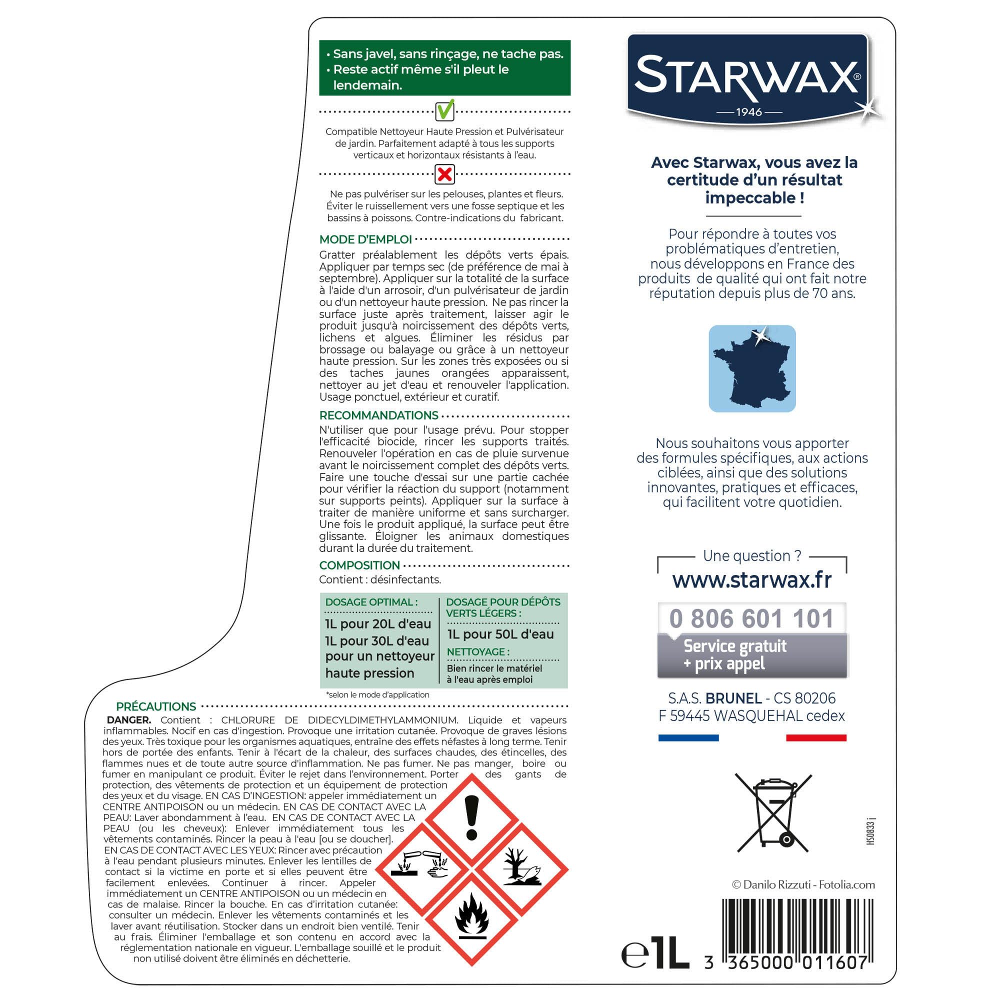 STARWAX - Destructeur de Dépôts Verts Concentré à Diluer - Elimine en Profondeur les Dépôts Verts, Lichens et Algues -Toitures, Murs et Sols - Sans Rinçage -Efficace dès 24h - Fabriqué en France - 1l