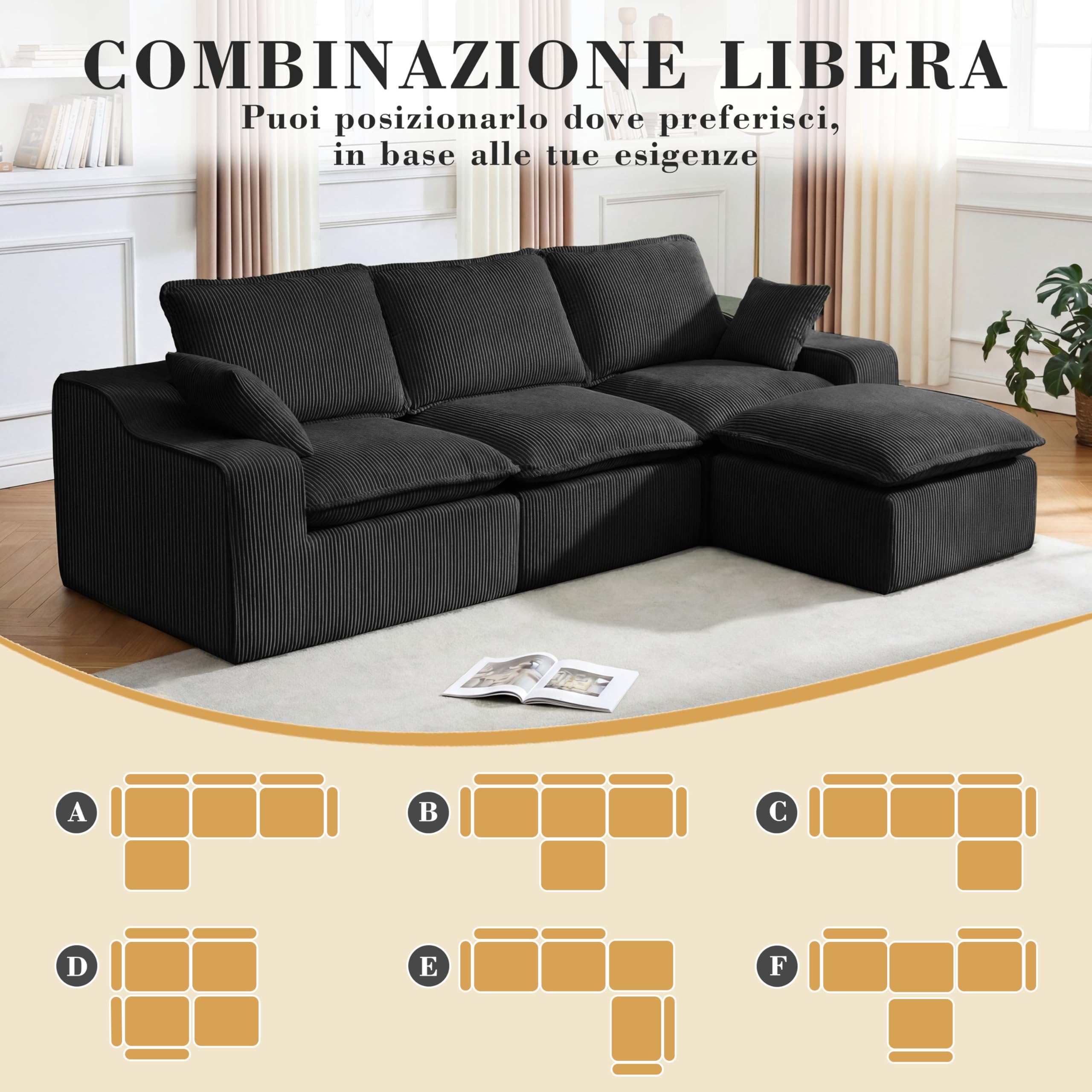Vipbear Divano 4 Posti con 1 Pouf, Divano Cloud in Tessuto di Velluto a Coste con Seduta Profonda Imbottita, Seduta Extra Profonda e Morbida, Modulare Divano a L per il Soggiorno, Nero