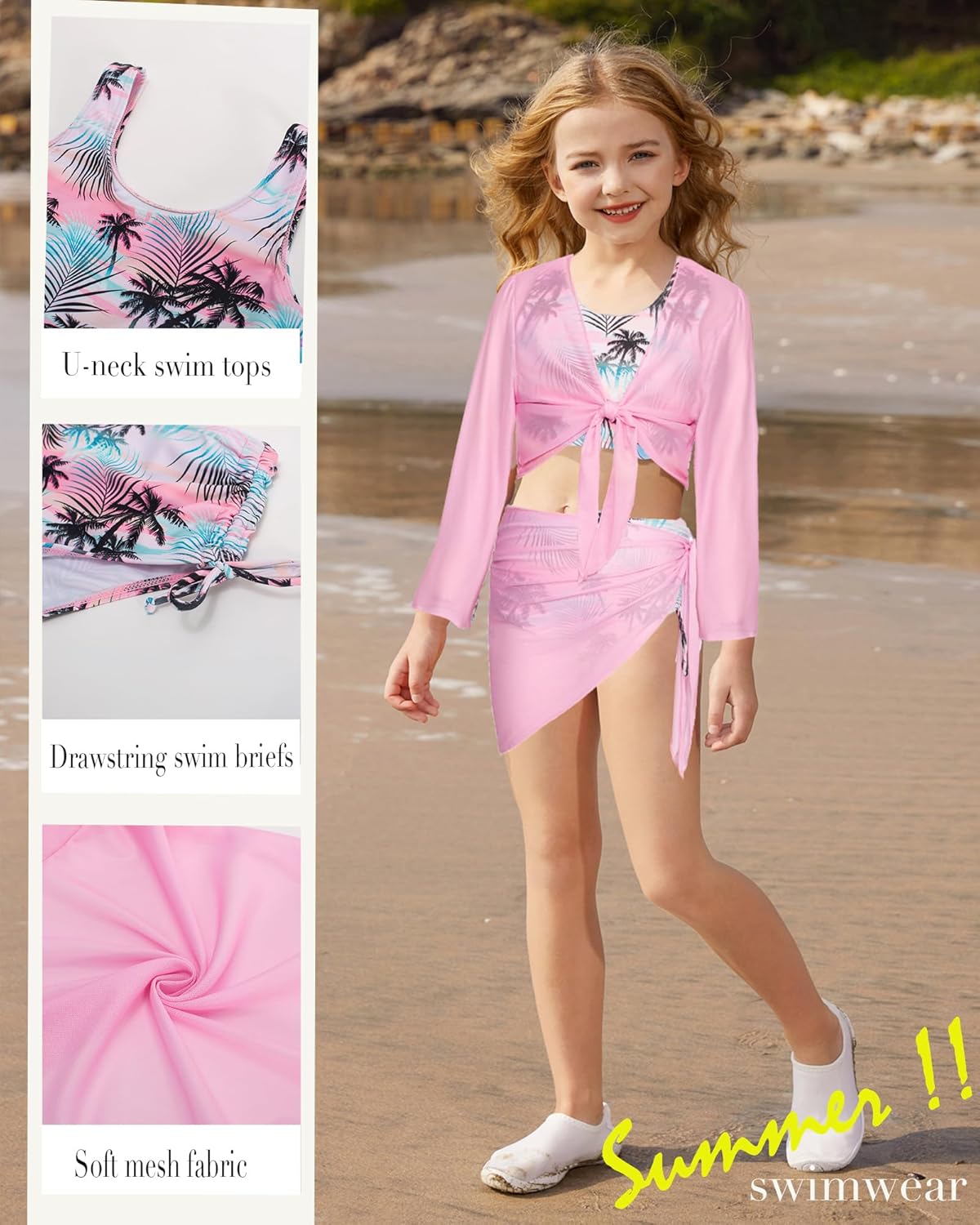 GRACE KARIN Girls Bathing Suit Adjustable Taniki Swimsuit Tie Front 4 Piece Bikini Set with Kimono Cover Up 6-14 - Image 2
