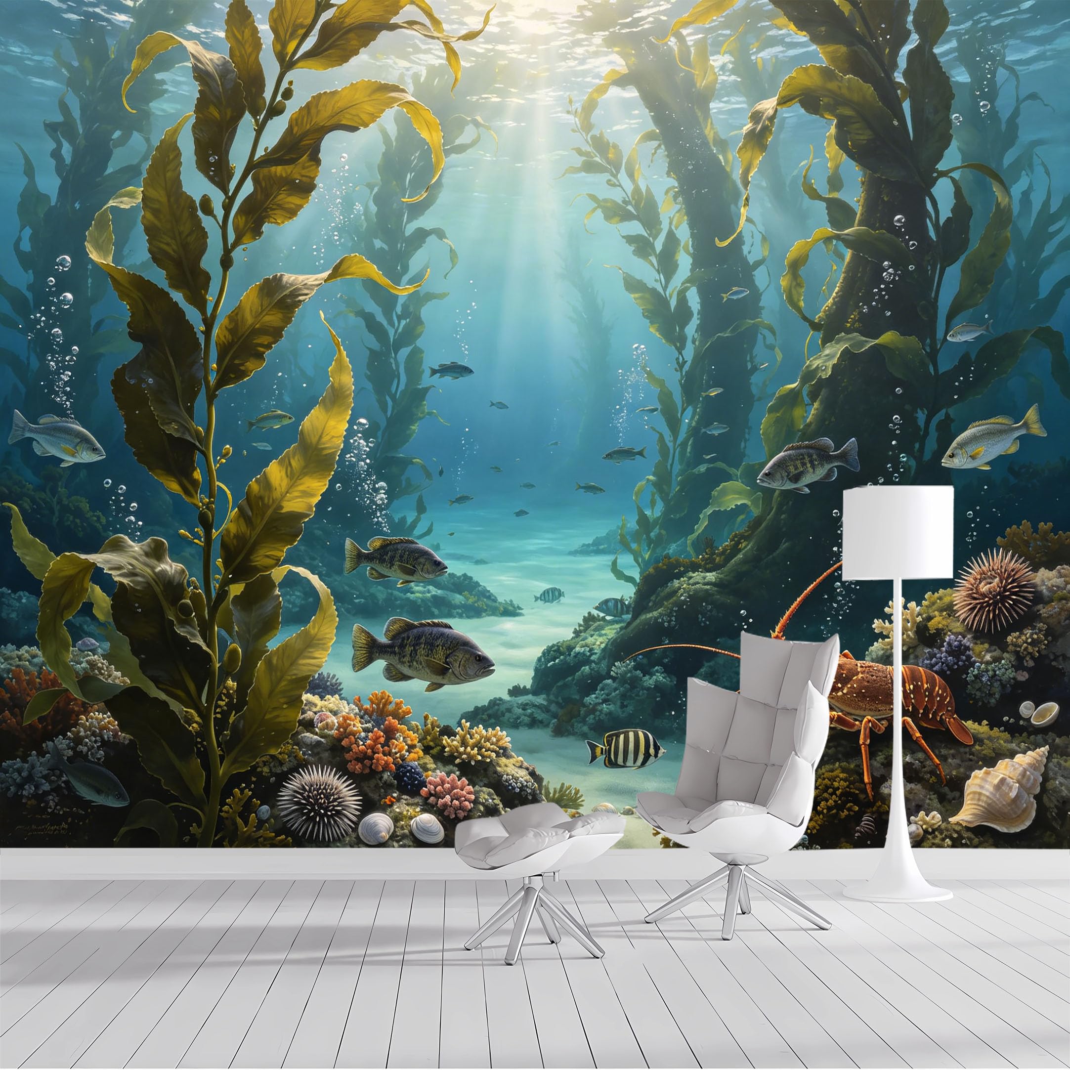 Custom Size Wall Mural Kelp Forest Underwater Ocean Marine Life Fish Lobster Seascape Watercolor SelfAdhesive Wall Fabric Removable Peel and Stick Wallpaper for Living Room Bedroom Bathroom