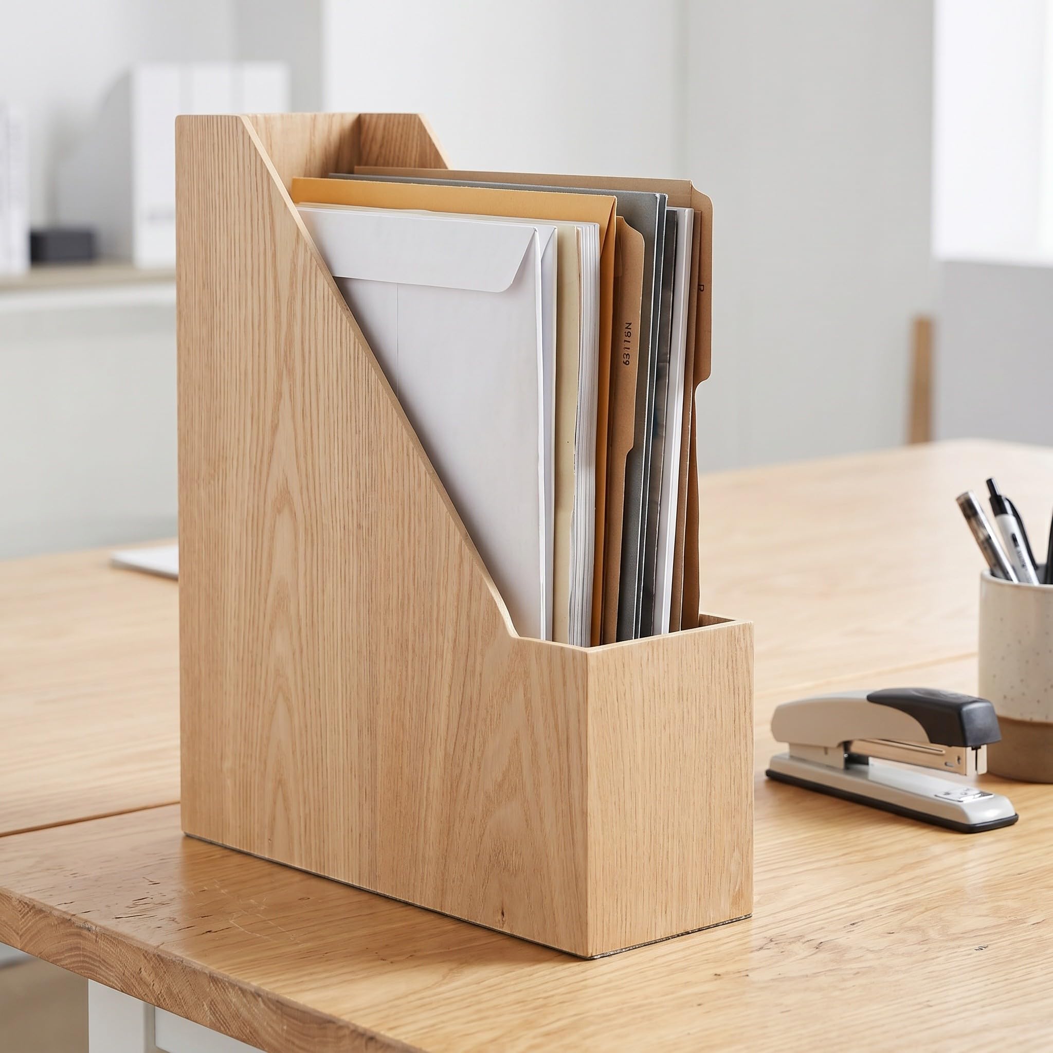 Kisangel Piccolo portariviste verticale in legno - Organizzatore di documenti per scrivania - Porta carta verticale - Organizzatore da scrivania per libri, cancelleria e documenti