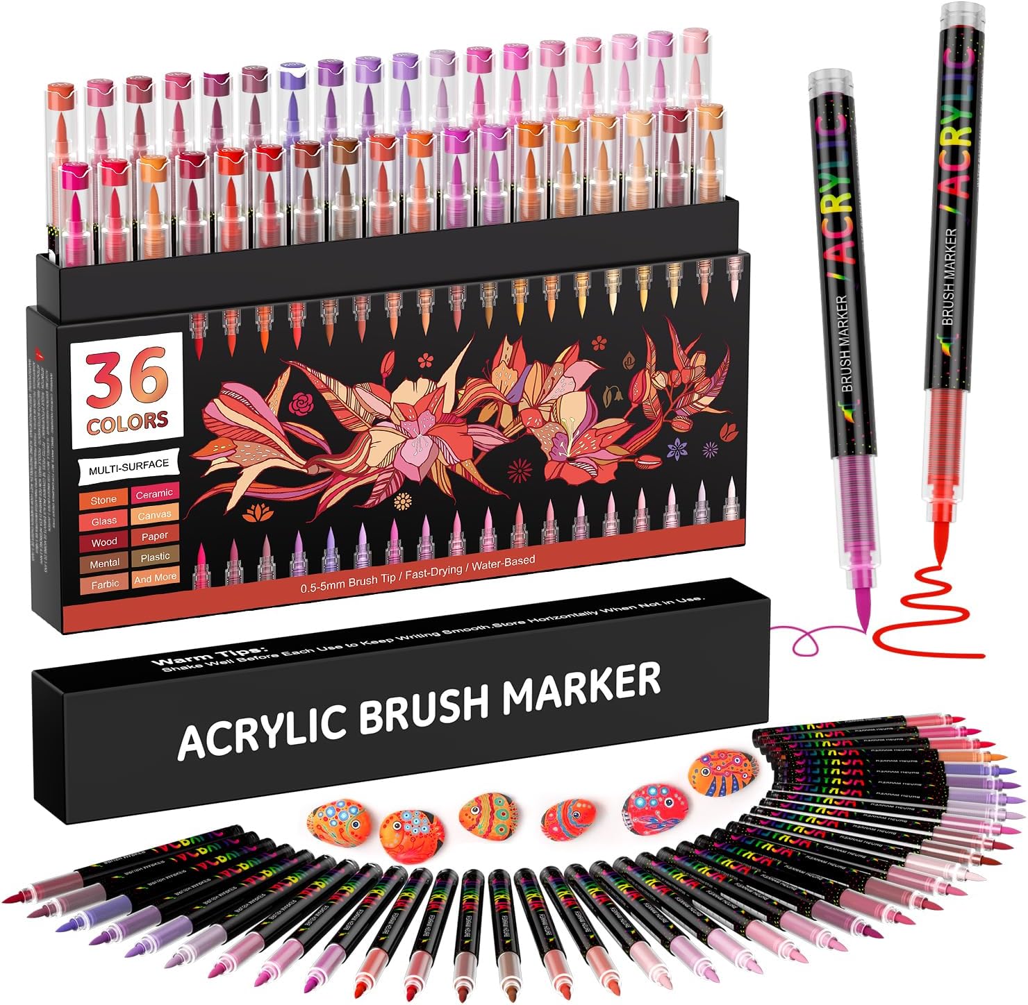 Sanyetral 36 Red Tones Colors Acrylic Paint Markers, Soft Brush Tip Paint Pens, Acrylic Pens for Wood, Stone, Canvas, Glass, Fabric, Egg & DIY Crafts Art Supplies (Red)