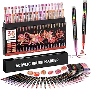Sonlaryin Rotuladores Acrilicos 36 Colores 36 Piezas, Rotuladore de Pintura Acrílica con Pincel, Rotuladores Acrílicos para Roca, Cristal, Cerámica, Plastico, Tela, Metal - Rojo
