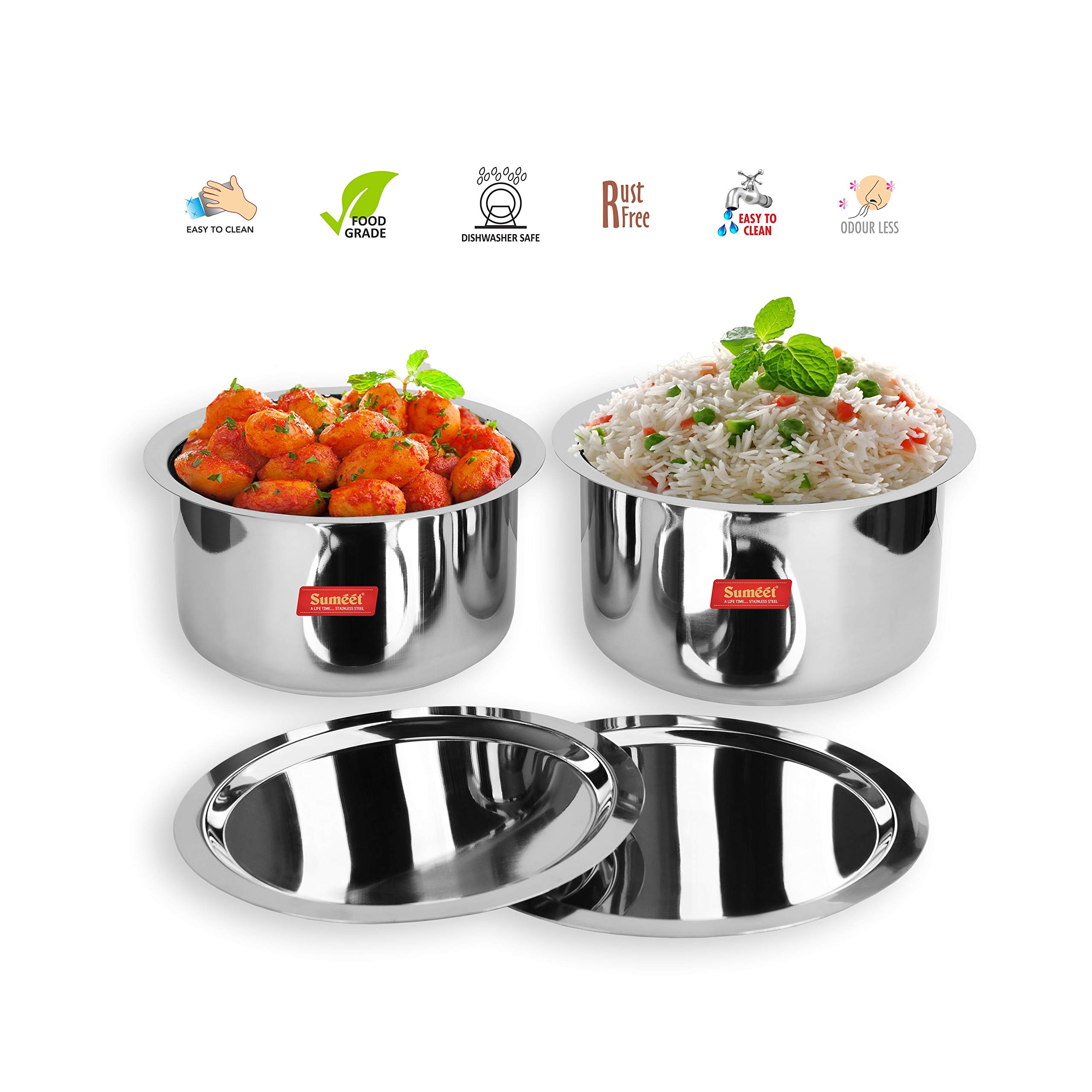 Sumeet 2 Pcs Large Size Stainless Steel Induction & Gas Stove Friendly Container Set/Tope/Cookware Set with Lids - Size No.16 to No.17 - Capacity -5.2 Ltr to 6.4 Ltr