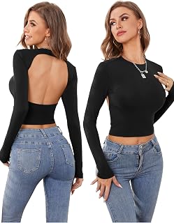 Women Backless Long Sleeve Crop Top Going Out Y2K Shirts Open Back Sexy Cut Out Casual Tops