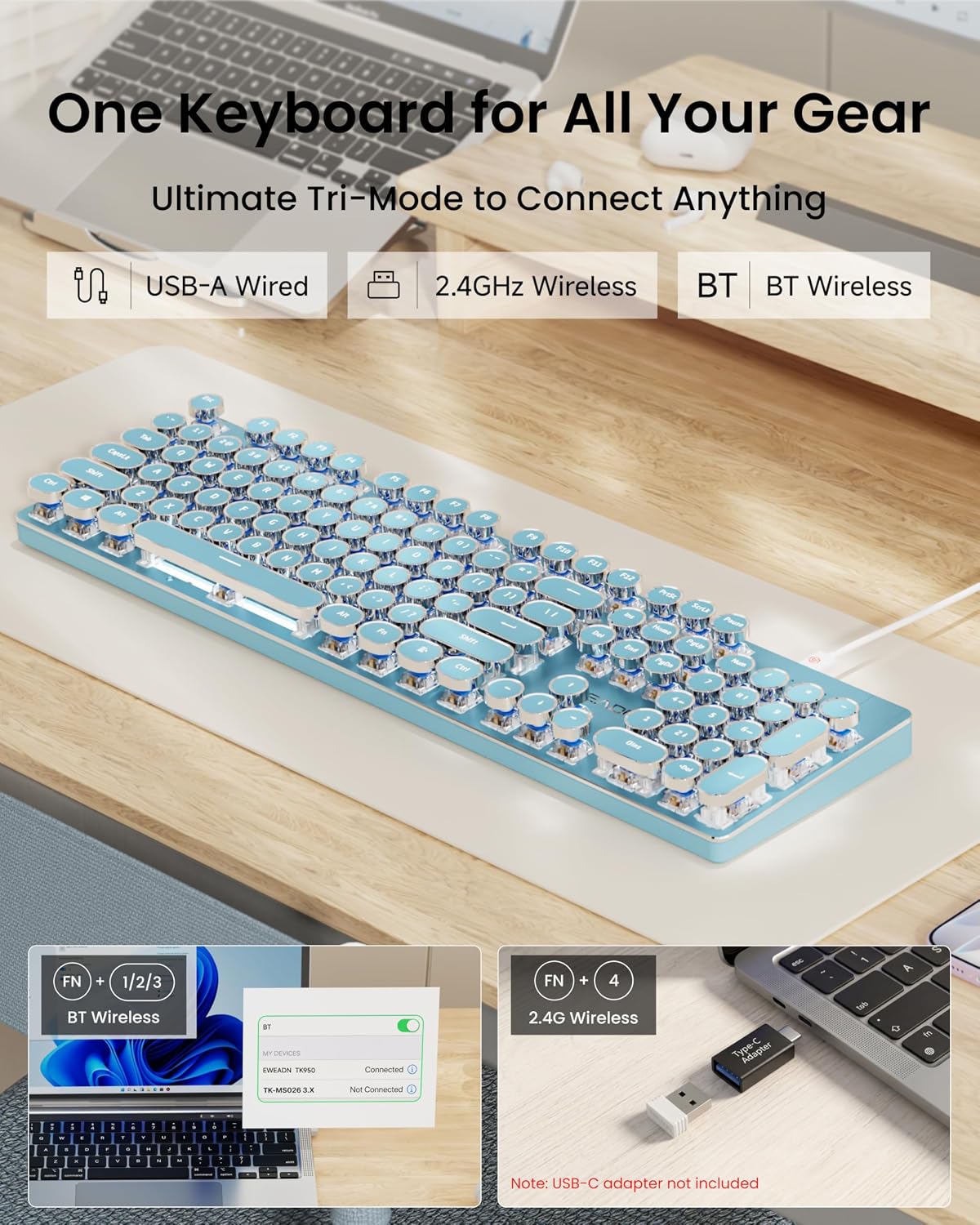 EWEADN TK950 Wireless Typewriter Mechanical Keyboard, Rechargeable Gaming Keyboards with White Backlit, 104 Retro Round Keys, Blue Switches, Bluetooth/2.4G/Wired Keyboard for Windows/Mac/PC-Blue