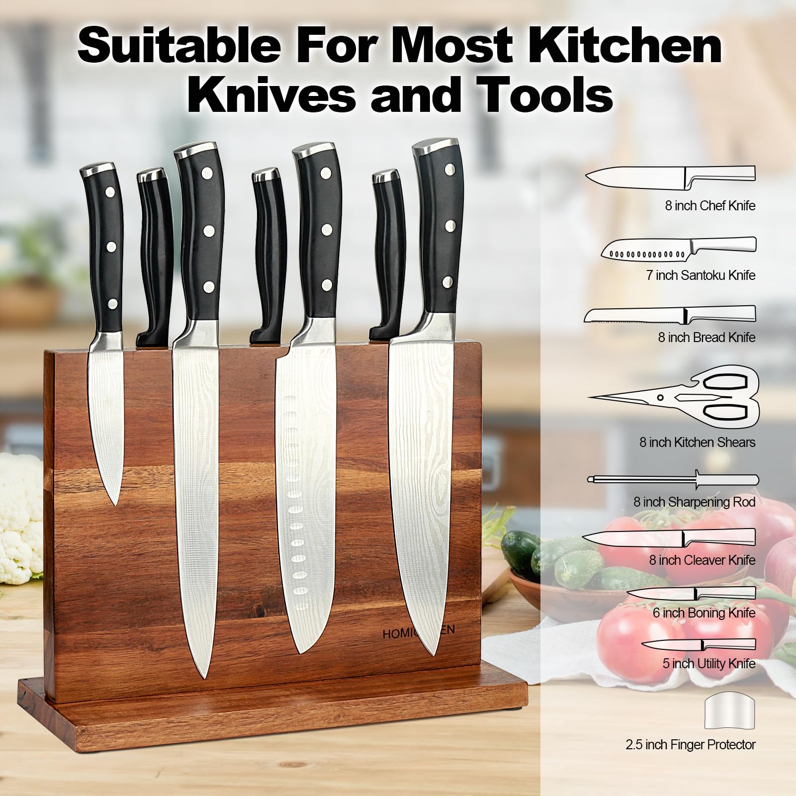 Magnetic Knife Block, Double Sided Magnetic Knife Holder Rack with Strong Enhanced Magnets, Acacia Wood Magnetic Knife Storage Stand with Stainless Steel Finger Protector