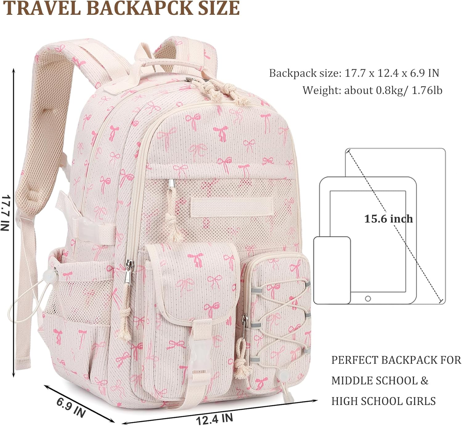 JIANYA Backpack for Teen Girls, Bookbag for Middle School and High School Student, Big Kids Laptop Backpack Teens Travel Daypack, Bow/Beige