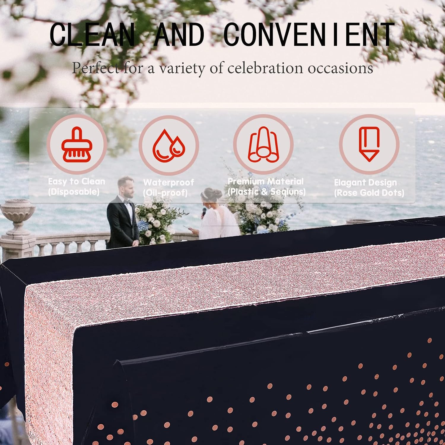 Rose Gold Tablecloth Sequin Table Runner Set, Black and Rose Gold Party Decorations, Rectangle Disposable Plastic Table Cloths for Parties, Rose Gold Table Runners, for Graduation Birthday Anniversary