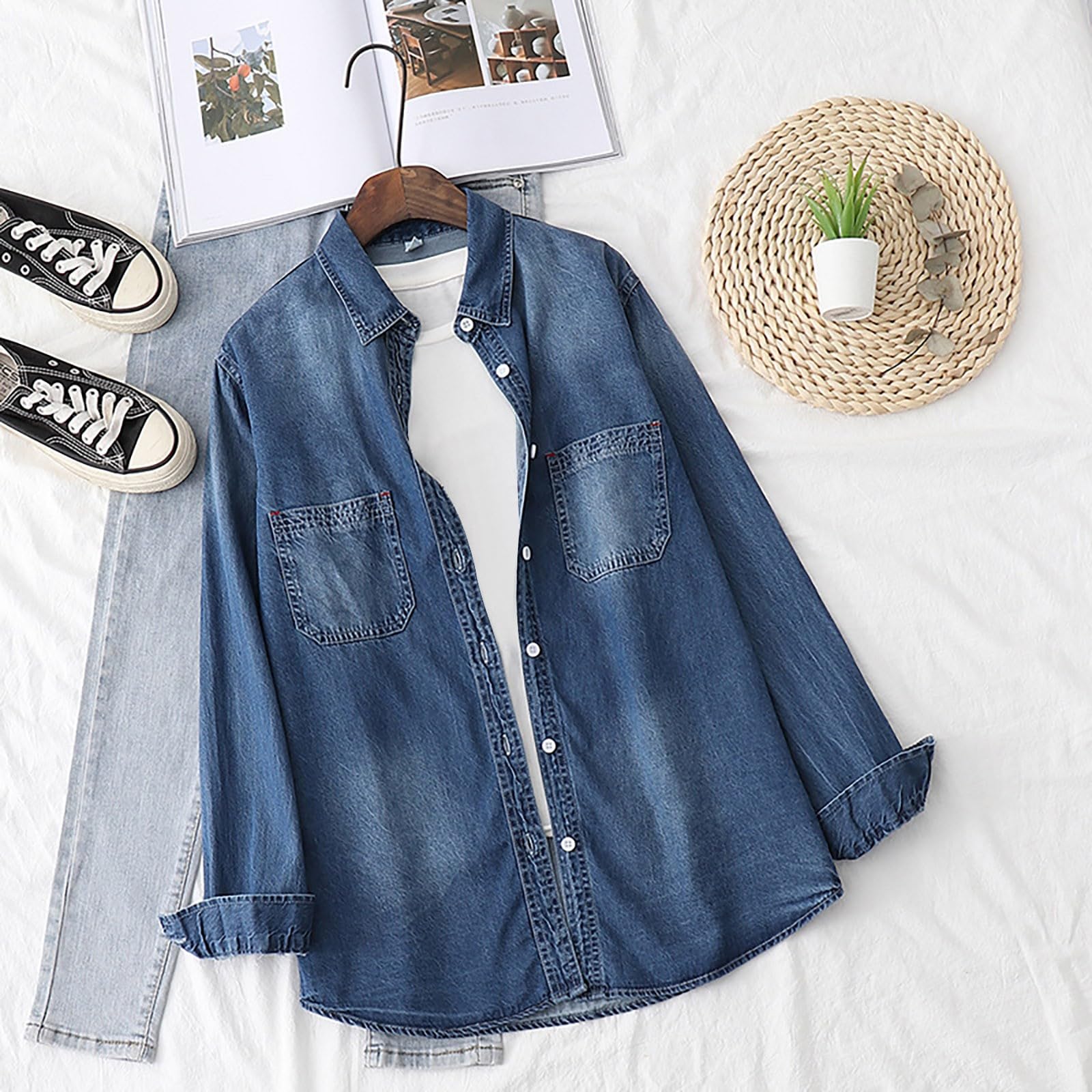 Blusa de muselina para mujer a la moda de mezclilla sólida casual con botones camiseta cuello de cobertura larga camisa blusa top