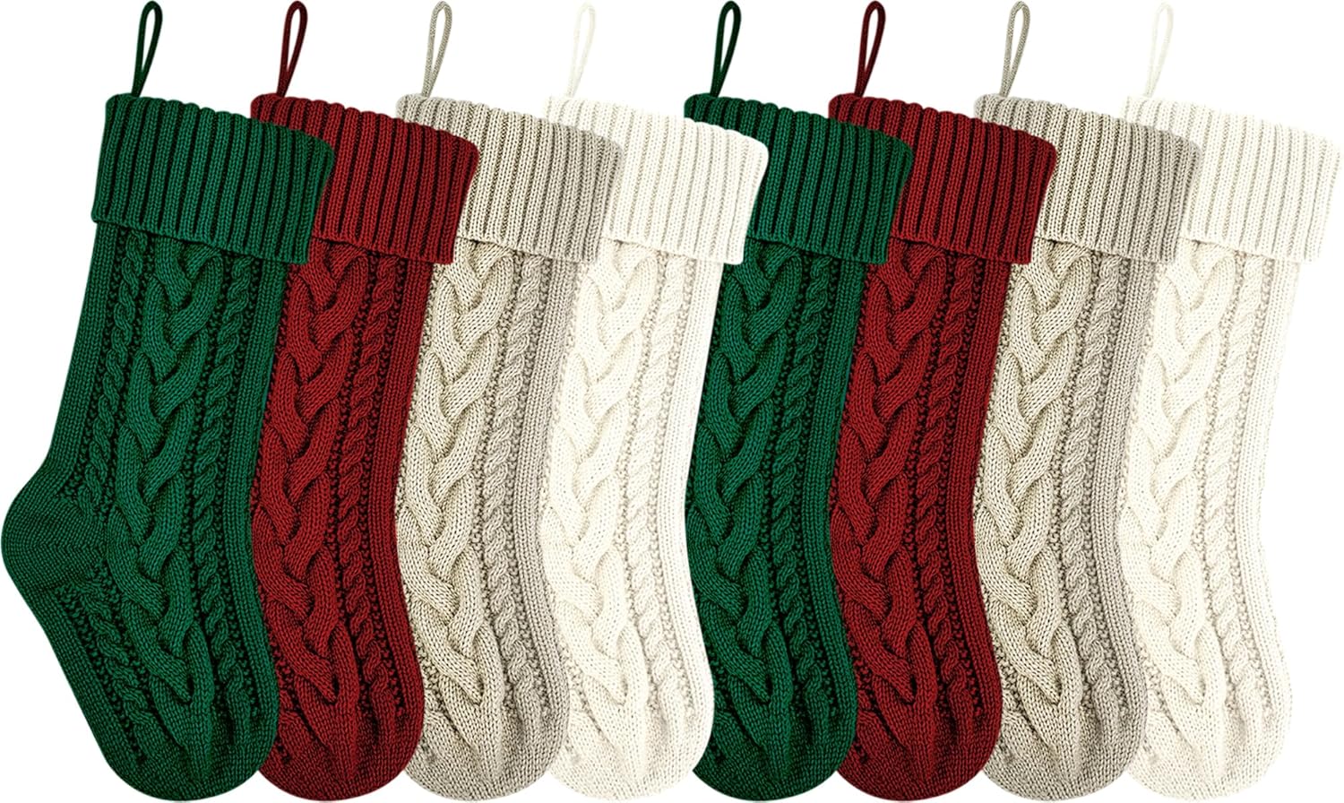 18 Inches Burgundy, Ivory,Green Khaki Knit Christmas Stockings Bulk Double Side Vintage Family Xmas Stockings for Fireplace and Home Decor,8 Pack