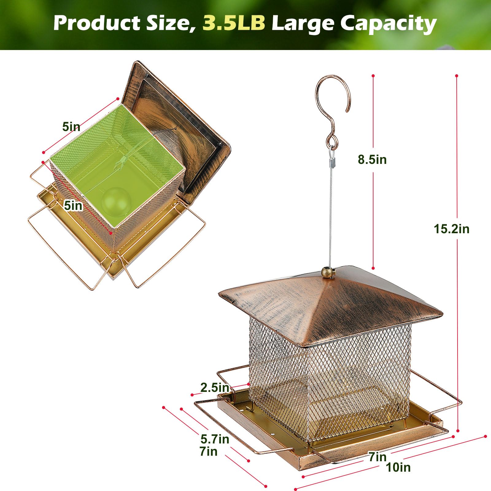 Comedero para pájaros, comedero de metal resistente para colgar al aire libre, comedero para pájaros silvestres con hebilla para jardín, patio exterior, patio, gran capacidad de 3.5 libras