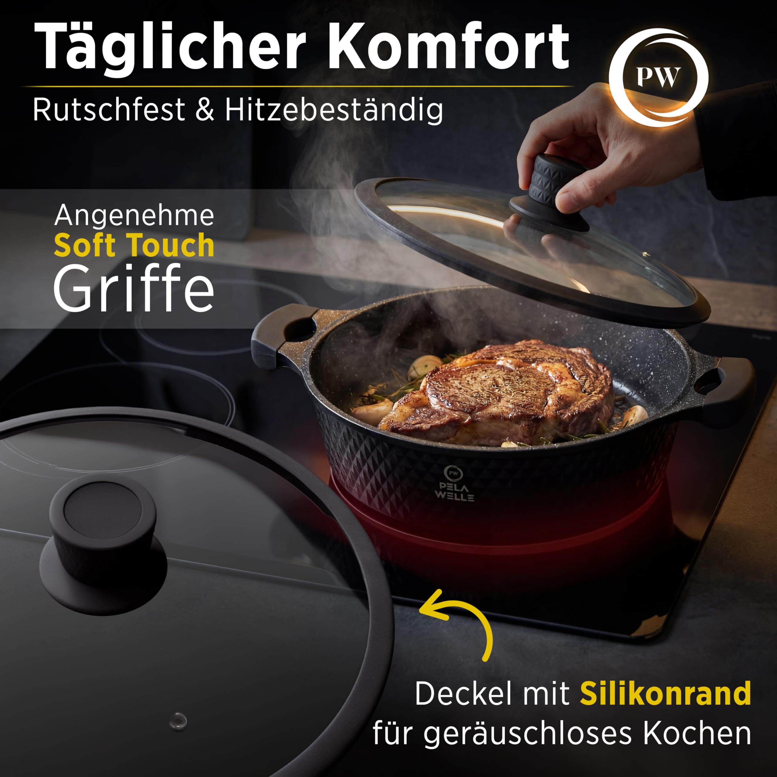 Pela Welle® Bratpfanne 28 cm | beschichtete Pfanne Induktion | Schmorpfanne 28 cm hoher Rand | frying pan induction | Keramikpfanne | Schmorpfanne mit Deckel | Brat- & Universalpfanne | Schwarz