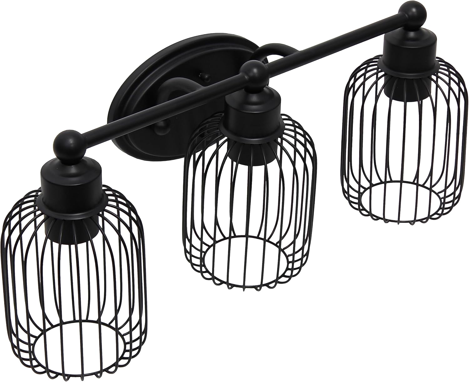 Elegant Designs VT1022-BLK 22" Industrial Farmhouse 3 Light Metal Birdcage Decorative Wall Mounted Vanity Fixture with Matching Metal Oval Backplate, Black