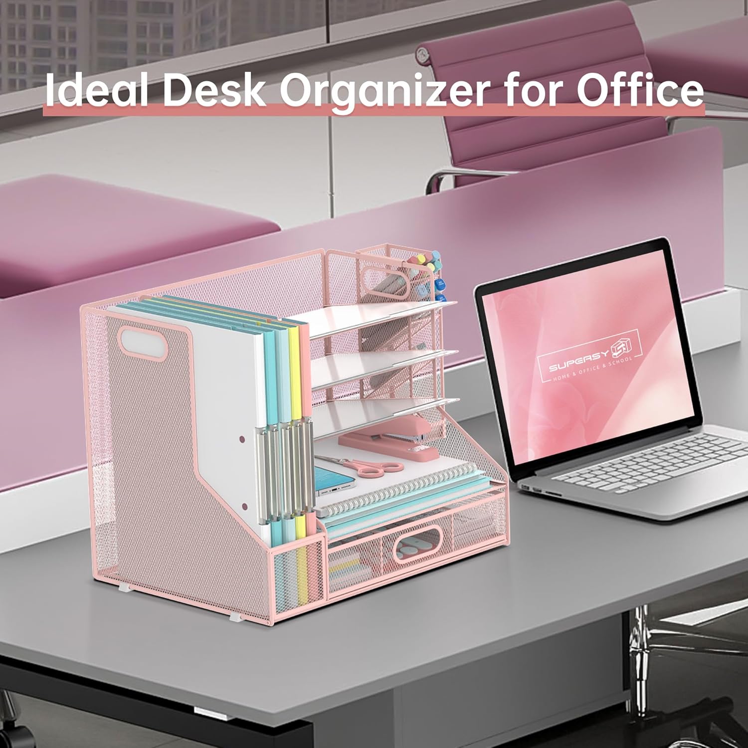 SUPEASY Desk Organizer with File Holder, 5-Tier Mesh Paper Organizer Letter Tray with Pen Holder and Drawer, Desk Organizers and Accessories with 3 Tilted File Sorter for Office Supplies, Pink