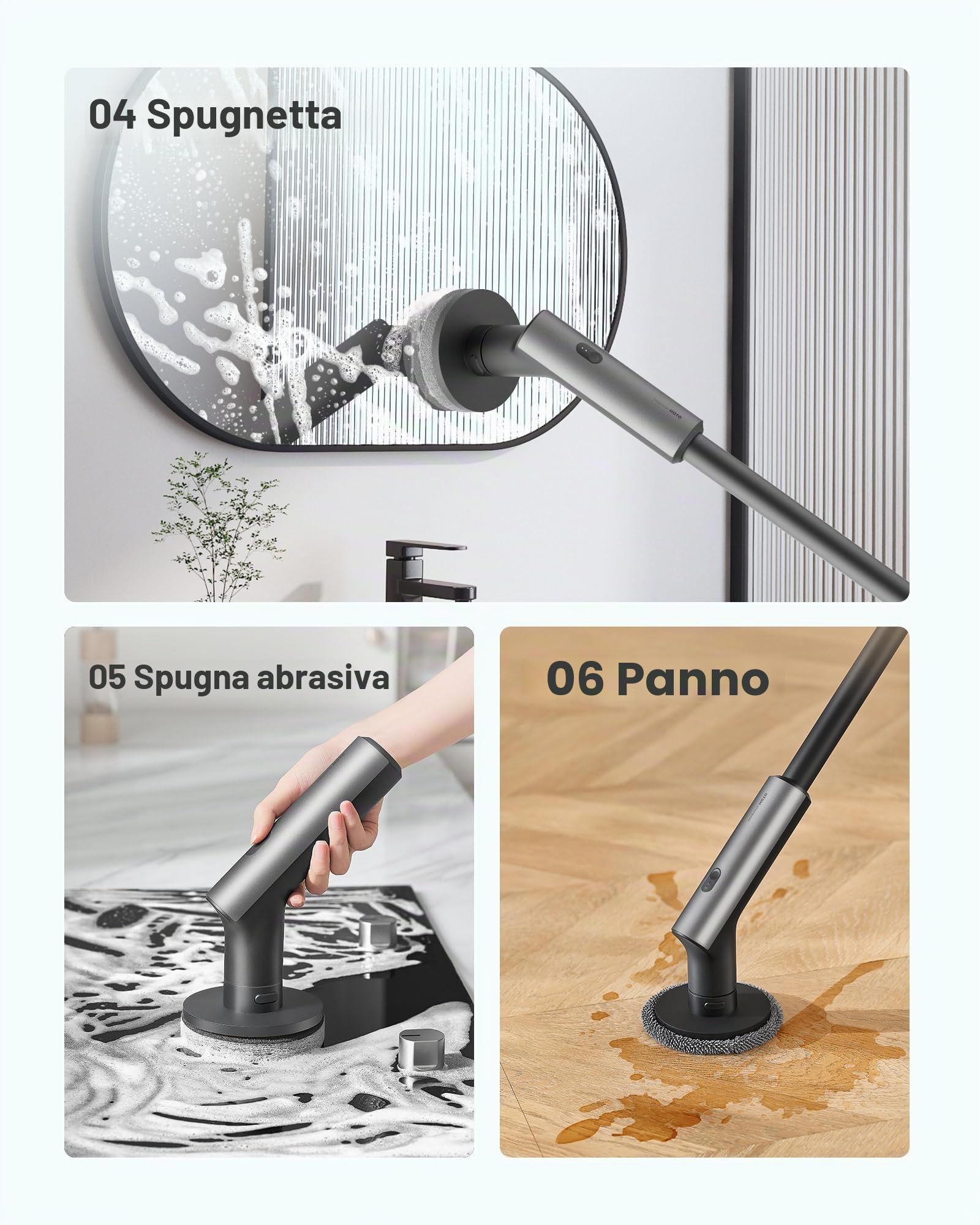 HOTO Spazzola Rotante Pulizia Casa, IPX7 Spazzola Elettrica Rotante per Pulizia con 6 Testine, Max 2.5 N·M, 2 Velocità, Ricaricabile Spazzole per Pulire, Bagno, Cucina, Doccia, Pavimenti, Piastrelle