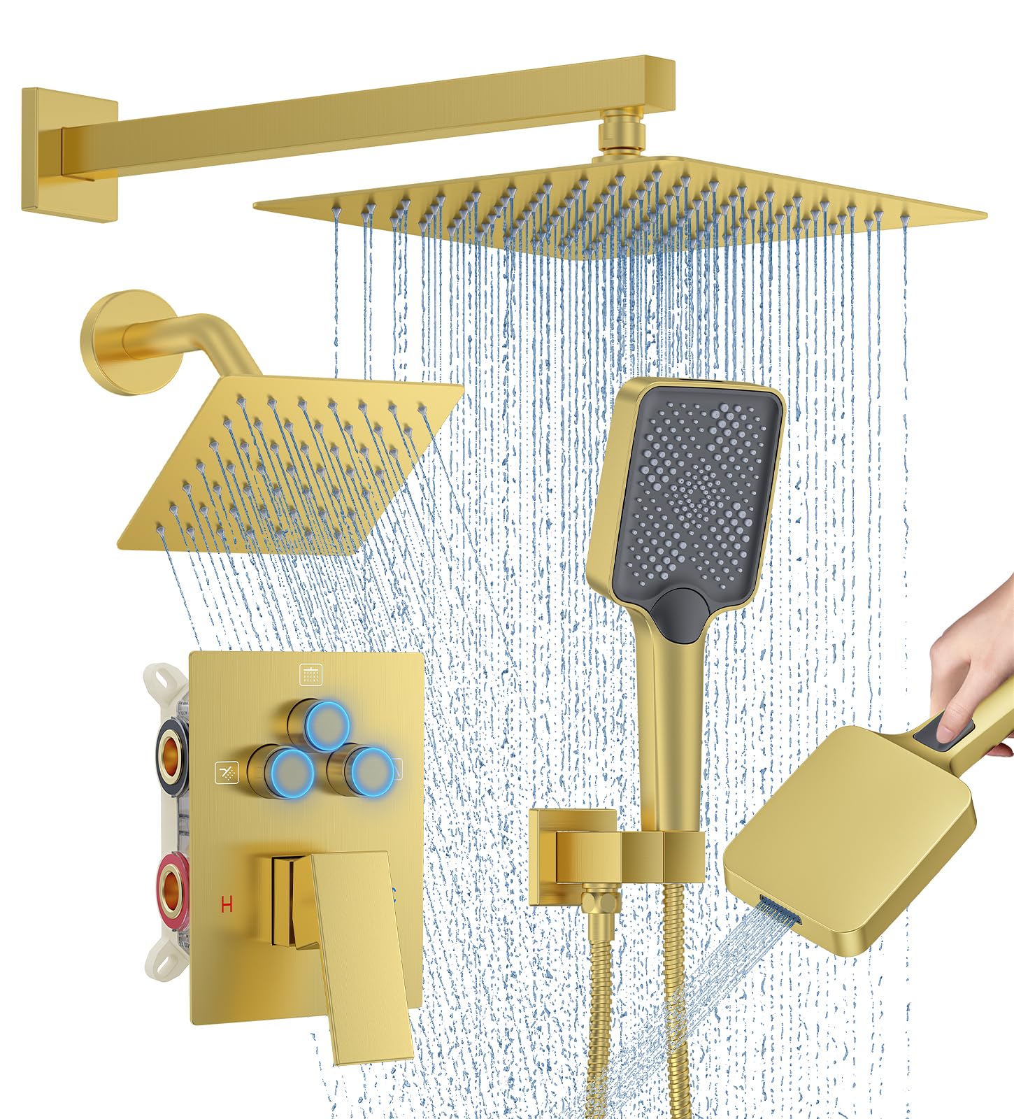 Woindo Shower Faucet Set, 10" Wall Mount Rainfall Shower System with 2 Rain Shower Head and Multi-function Handheld Head Push Button Diverter Shower Faucet Trim Kit
