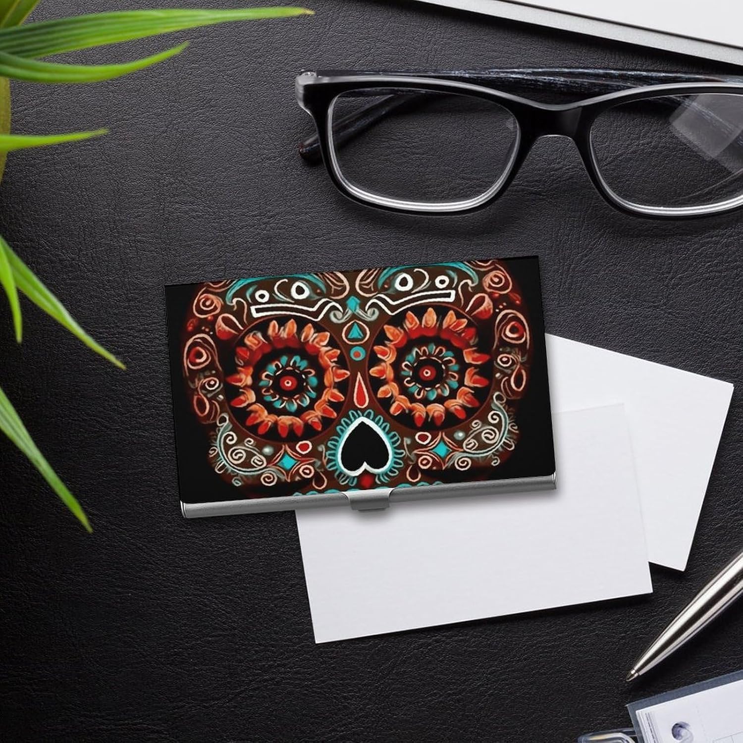 Sugar Skulls Day of The Dead Business Card Holder Aluminum Alloy Business Card Case Convenient to Carry Business Card Dispenser for Men Women image 5