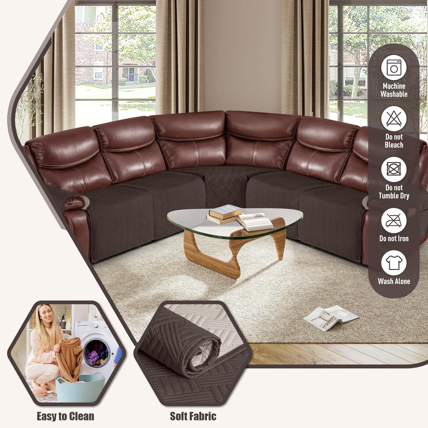 KinCam Waterproof Recliner Sectional Couch Covers, Oversized Reclining Sofa Covers for L Shape Couch, Non Slip Couch Cover for Sofa Washable Slipcover (5 Seat Recliner Cover, Chocolate)