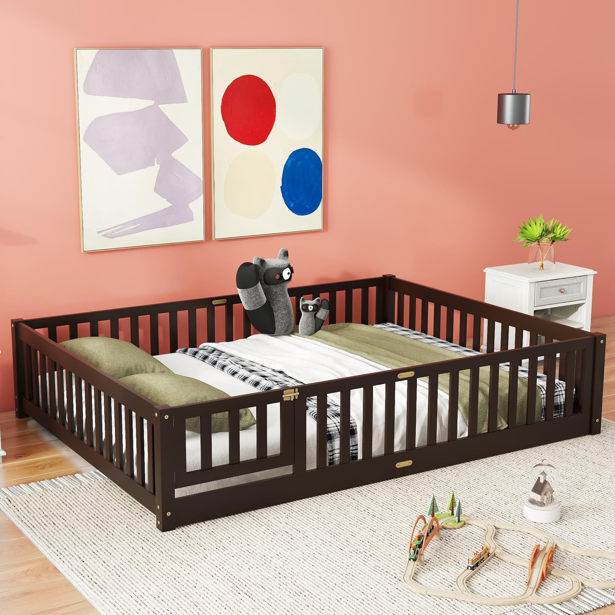 Queen Size Floor Bed with Door and Fence for Kids, Montessori Floor Bed with Slats and Safety Guardrails,Solid Wood Queen Bed Frame for Girls Boys(Queen,Espresso)