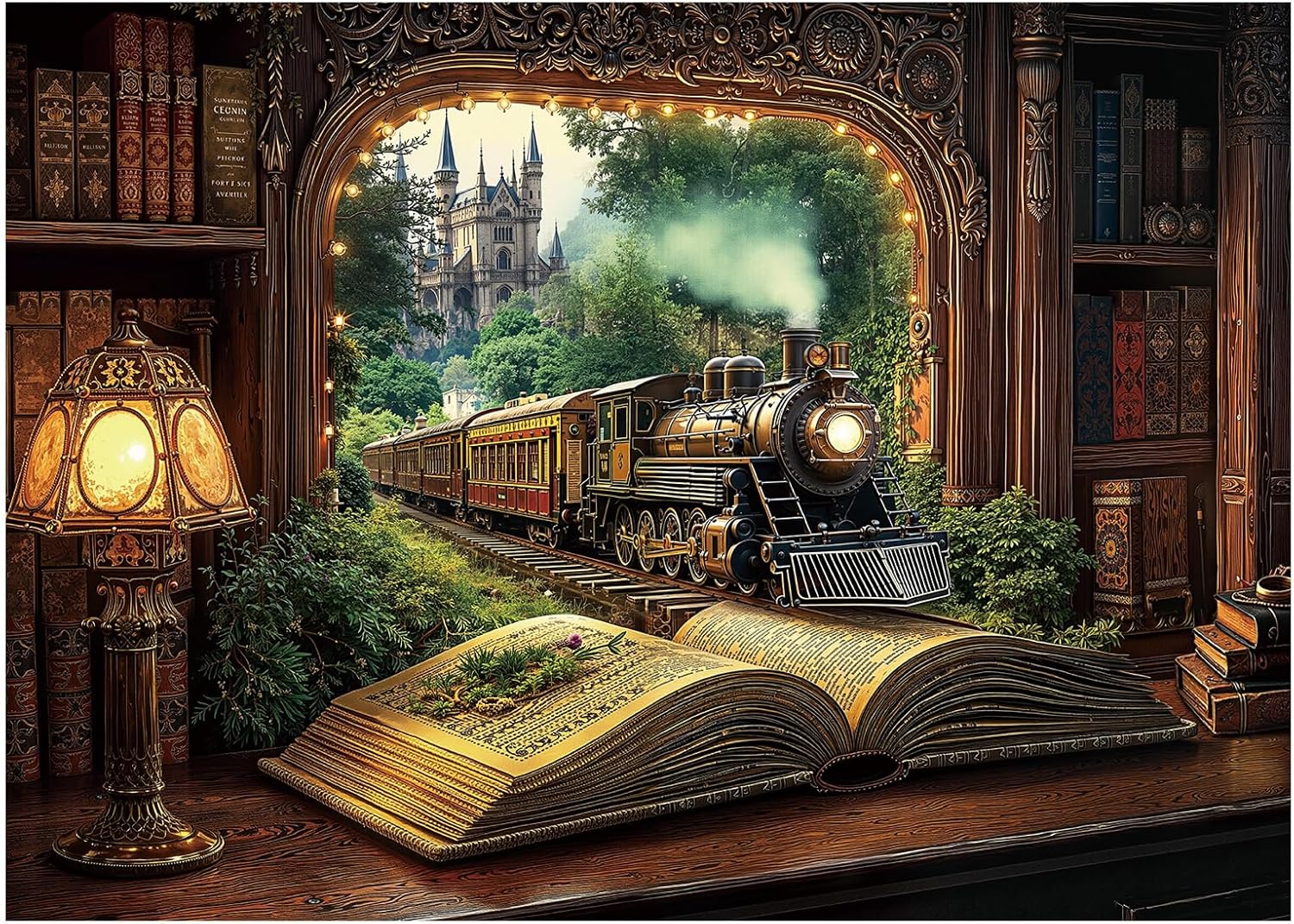 Train Forest Book Puzzle 1000 Pieces for Adults, Magic Vintage Plant Jigsaw Puzzles Castle, Fantasy Bookshelf Nature Tree Puzzles