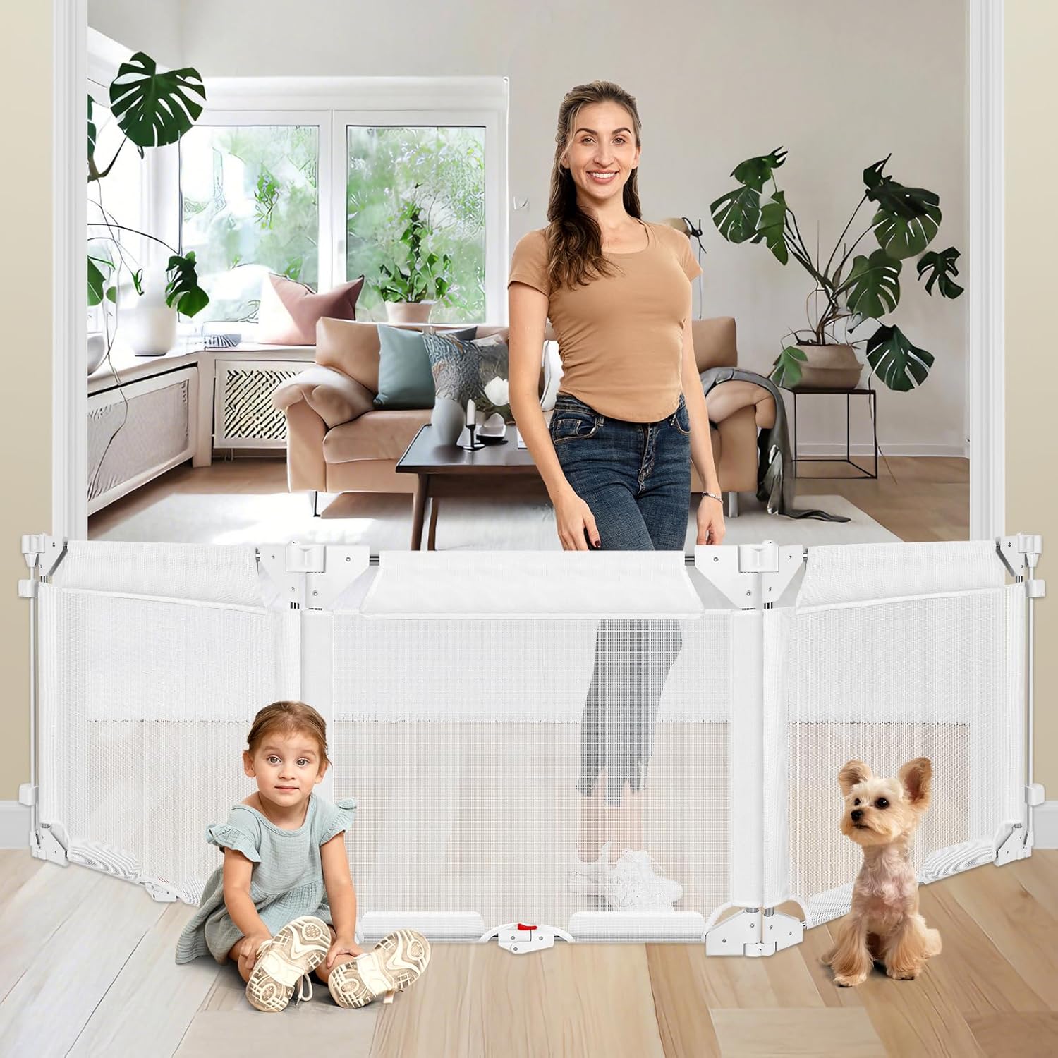 82" Extra Wide Baby Gate 3-Panel Foldable Dog Gates for Doorways, 27.5” Tall Easy Step Over Pet Gate Hardware Mounted Baby Fence Indoor Short Dog Gate for Stairs Doorways (White)