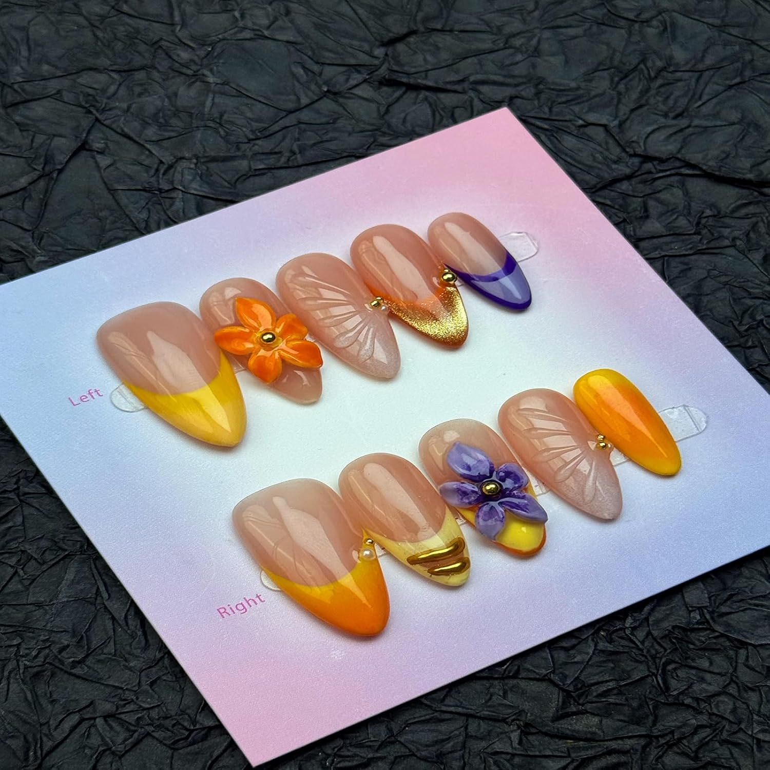 100% Handmade Press on Nails Medium Almond Handmade Nails with Purple Flower Design Ombre Yellow False Nails French Tip Nail Press ons Reusable Spring Summer Acrylic Fake Nail for Women Size L 10Pcs