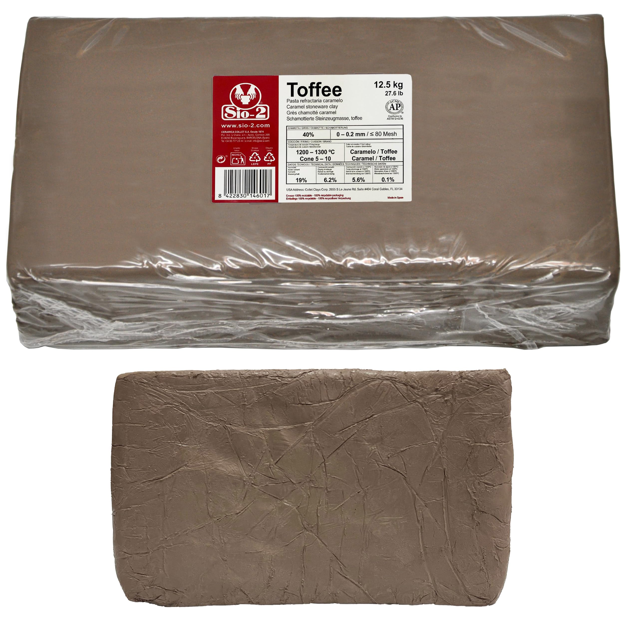 SIO-2 Toffee Caramel High Fire Stoneware Clay, 27.6 lb (Cone 5-10) Natural Modeling Pottery Clay for Wheel Throwing & Hand Building