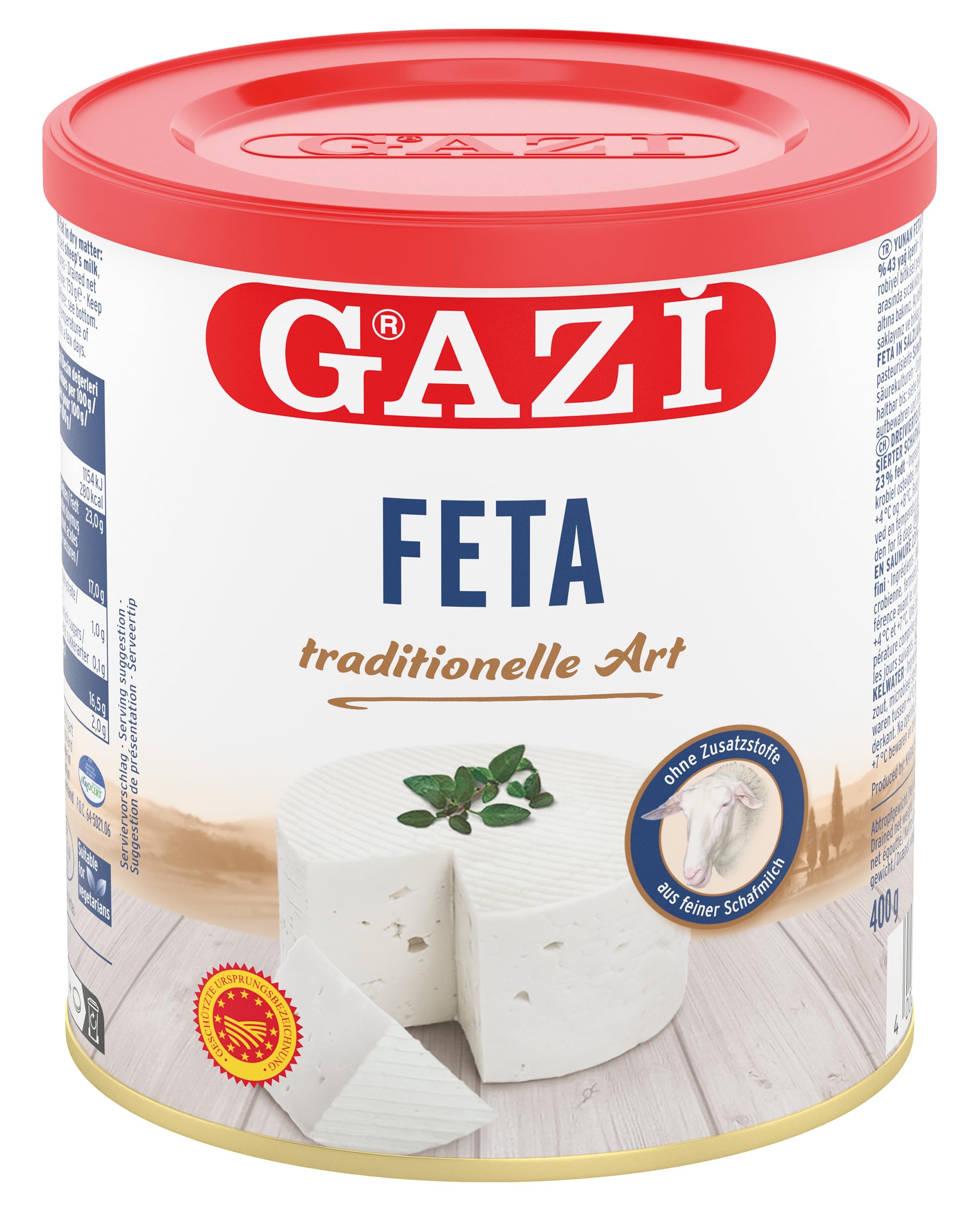 Gazi Feta en salmuera – 1 lata de 400 g – 43% de grasa i.Tr. | queso feta tradicional | con sabor auténtico | 100% leche de oveja griega
