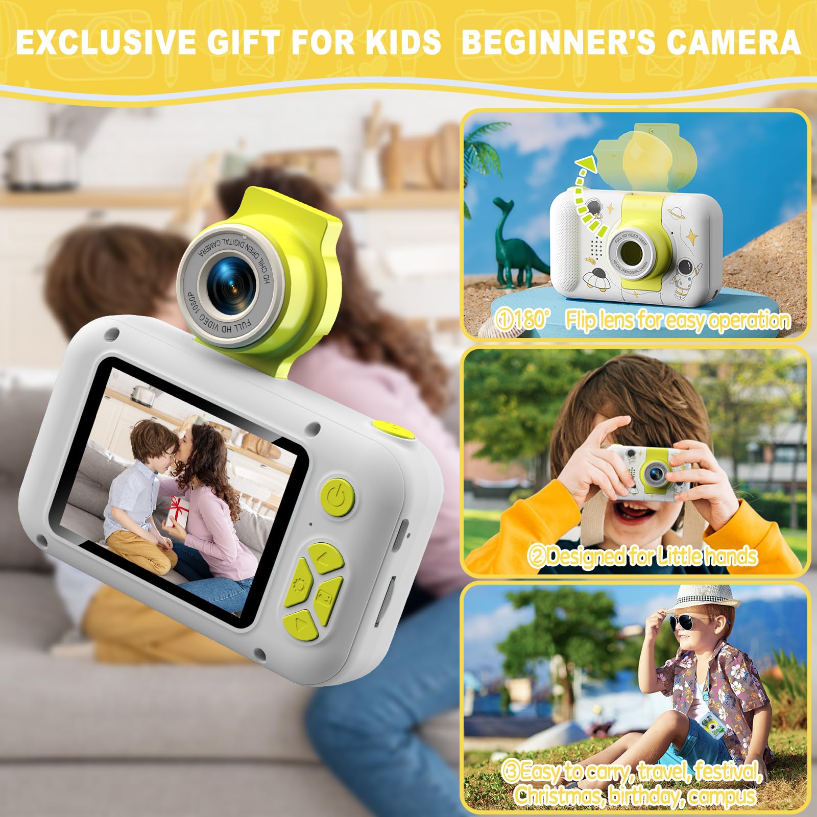 ARNSSIEN Giocattoli fotocamera bambini 3 4 5 6 7 8 9 10 11 12 anni ragazze/ragazzi, Macchina Fotografica Digitale, Regali bambini Natale e compleanni,Fotocamera selfie per bambini con scheda da 32 GB