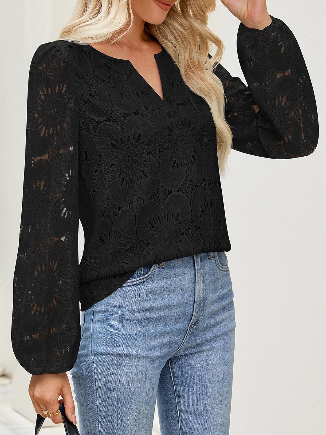 MEROKEETY Women's Eyelet Long Sleeve Shirts Tops Dressy Casual Fall Trendy Flower Lace Boho Crochet Blouses - Image 5