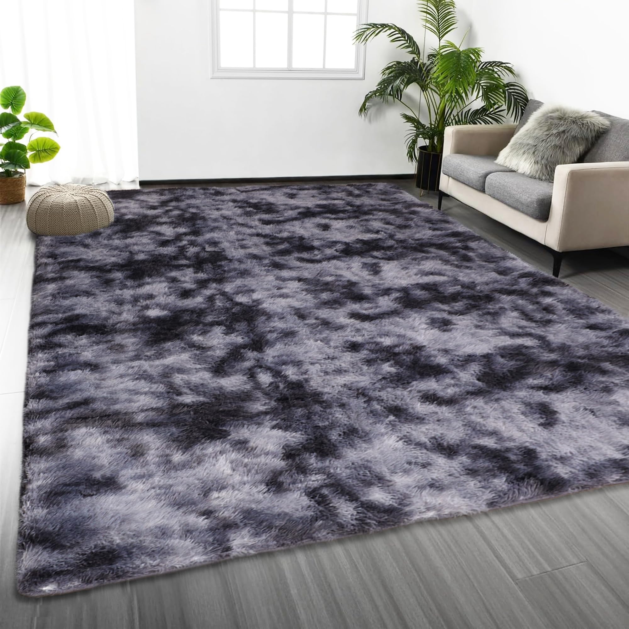 Oxford Homeware Rugs Living Room Large 200x290 cm – Tie-Dye Dark Grey Area Rugs for Bedroom Non Slip – Modern Super Soft Plush Carpets Fluffy Shaggy Rug for Lounge Non Shedding — image 1