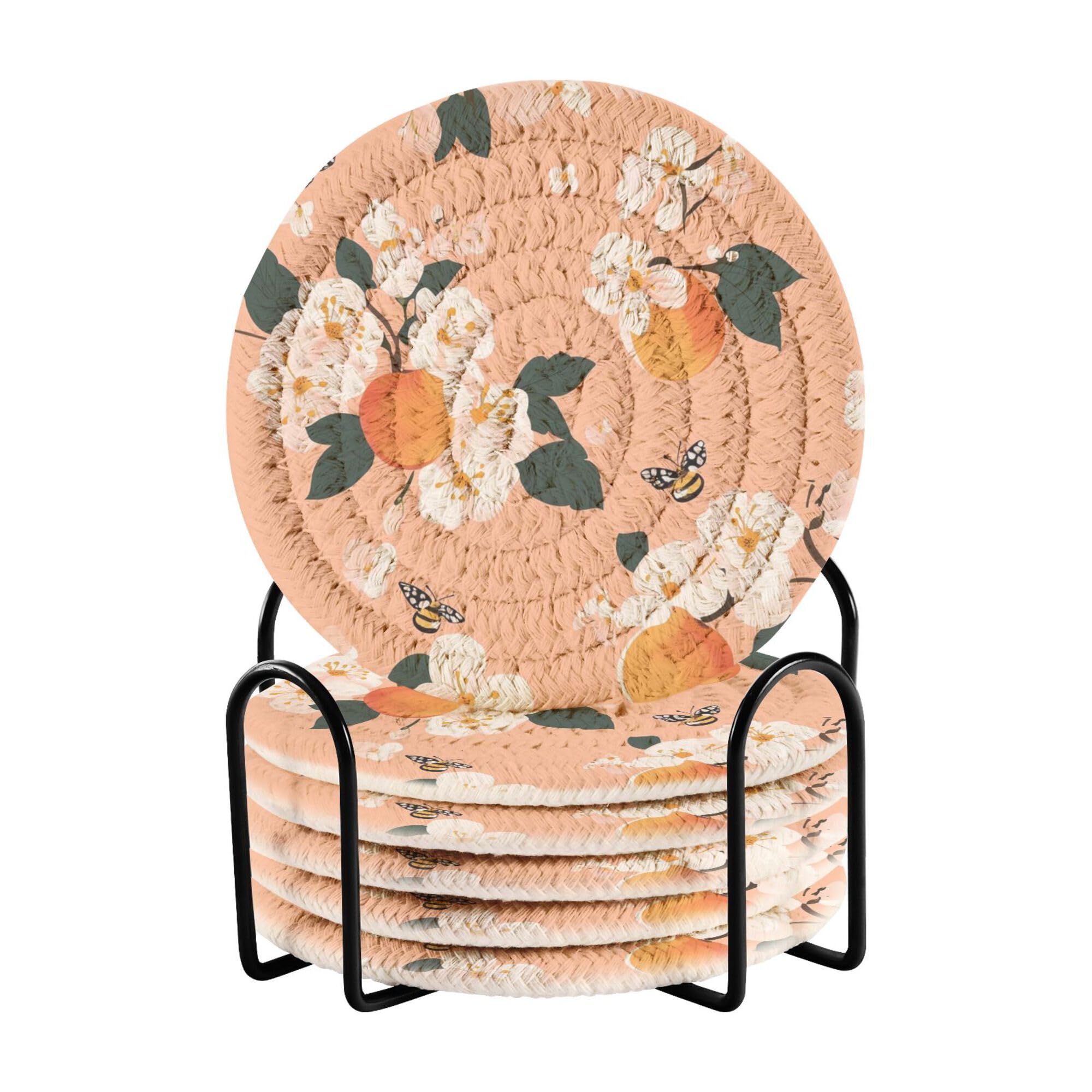Cute Serviceberry Fruit Peach Cotton Rope Cup Coasters and Holder Set of 6 Home Coasters