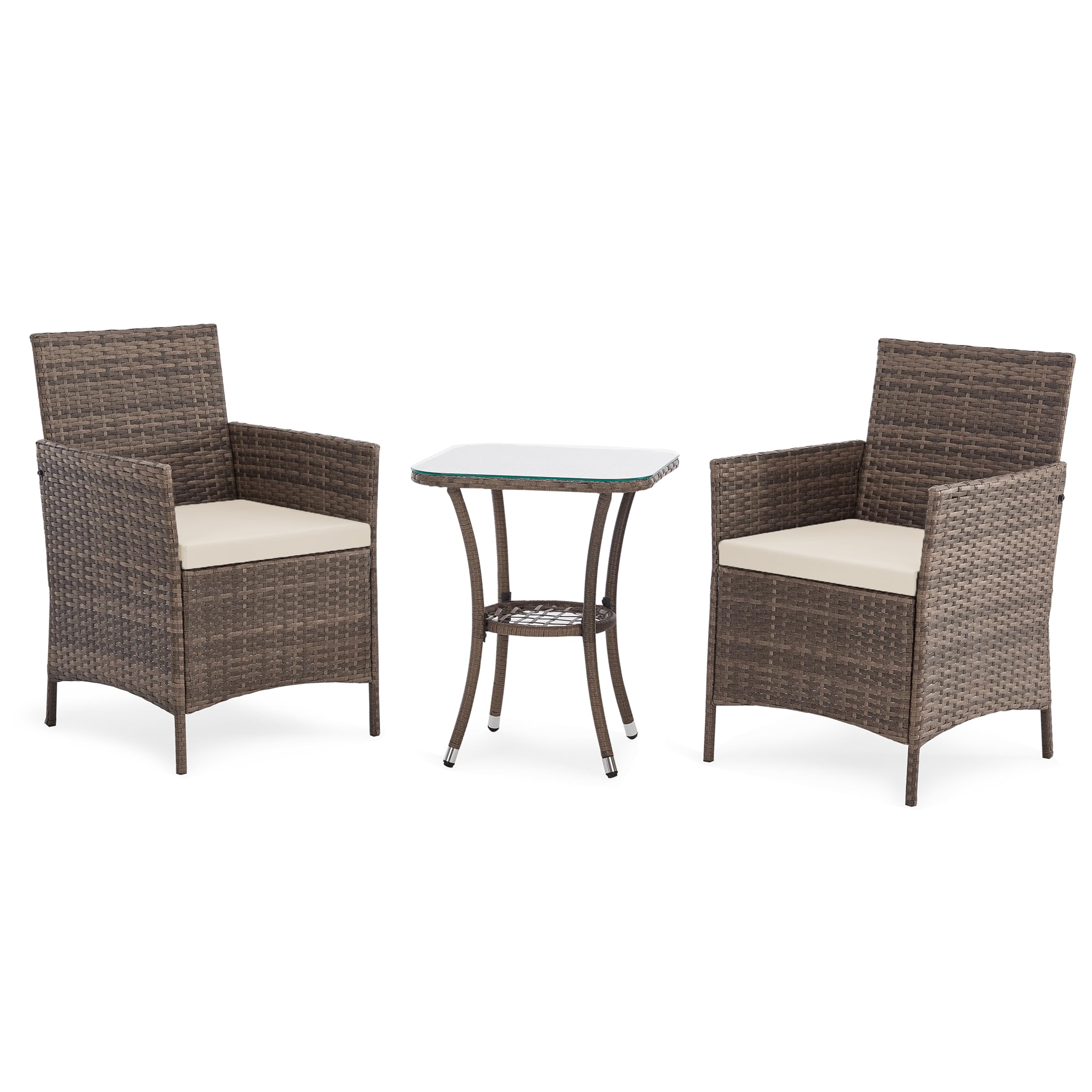 EVRE Copenhagen Outdoor Rattan Garden Bistro Set 3 Piece Wicker Table and Chairs Furniture with Cushions Glass Top Coffee Table for Conservatories Balcony Patio Poolside and Terrace (Brown)